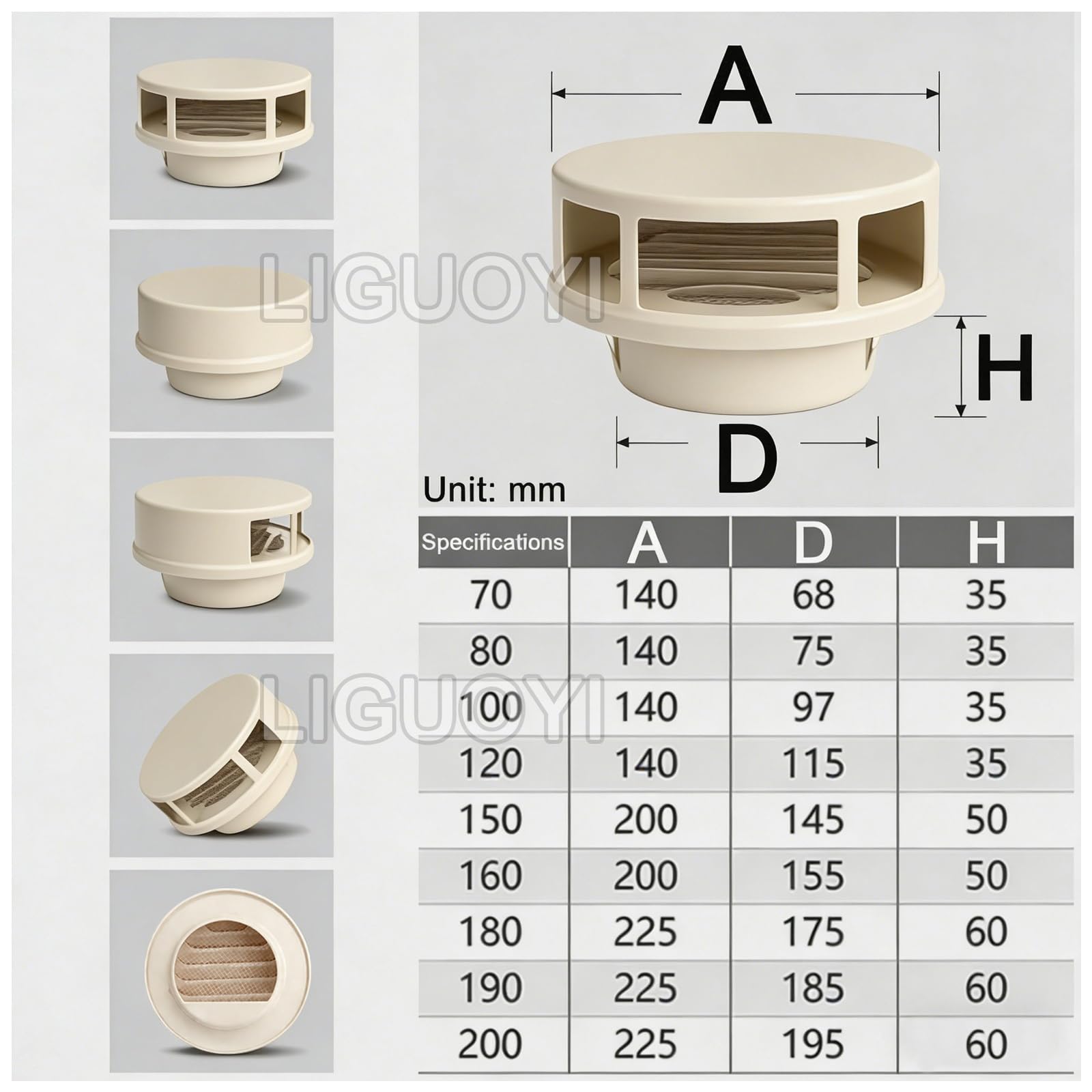 LIGUOYI Rond Grille De Ventilation 70/100/150/180/200mm Grille D'aération En Acier Inoxydable 304 Conduit Aérateur Sortie D'évacuation Hotte Avec Filet Imperméable Et Beau(Beige,200mm)
