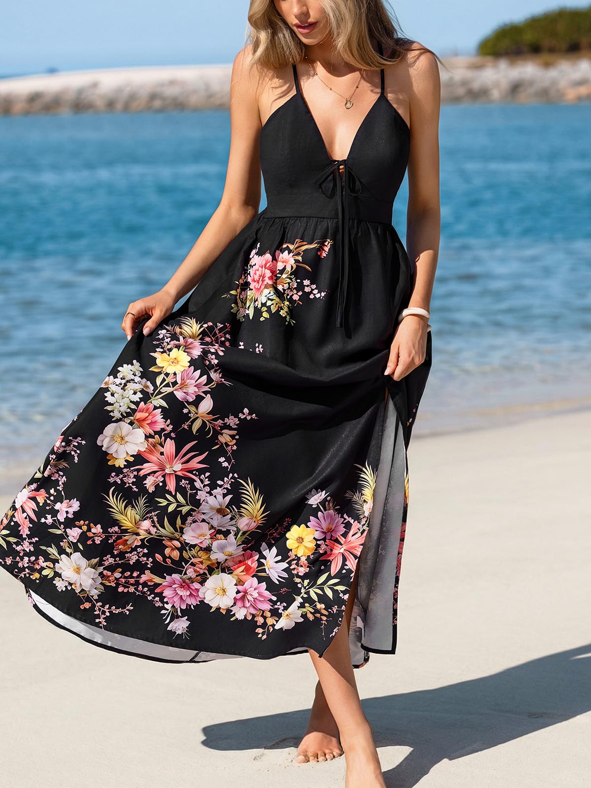 CUPSHE Damen Sommerkleid V-Ausschnitt Rückenfrei Kreuzträger Blumenmuster Seitenschlitz Lang Strandkleid Boho Urlaub Maxikleid