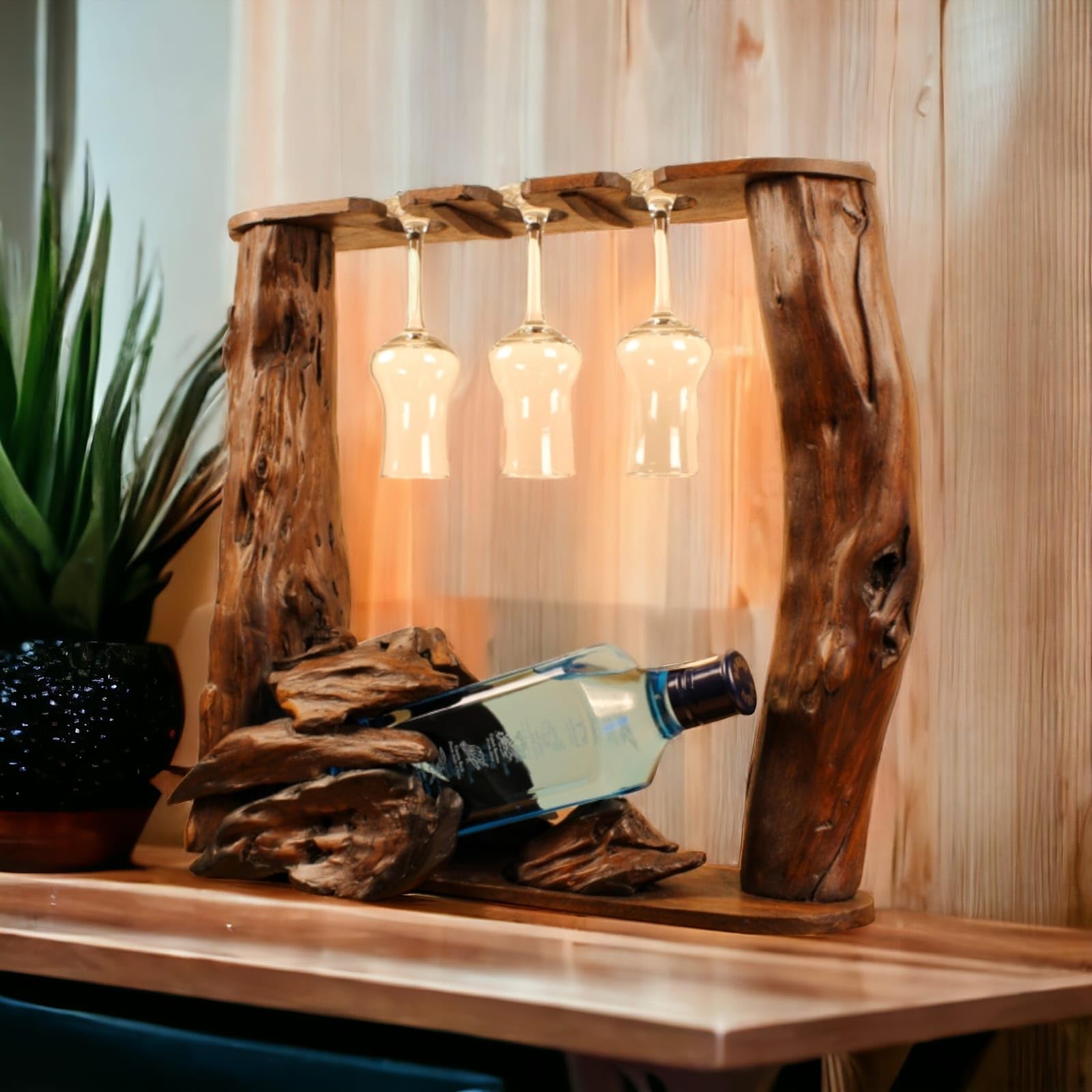 Kinaree Wurzelholz Flaschenhalter - Flaschenständer für 1 Flasche und 3 Gläser, für Wein, Likör oder Schnäpse - Geschenkidee für Geburtstag, Weihnachten oder Hochzeit