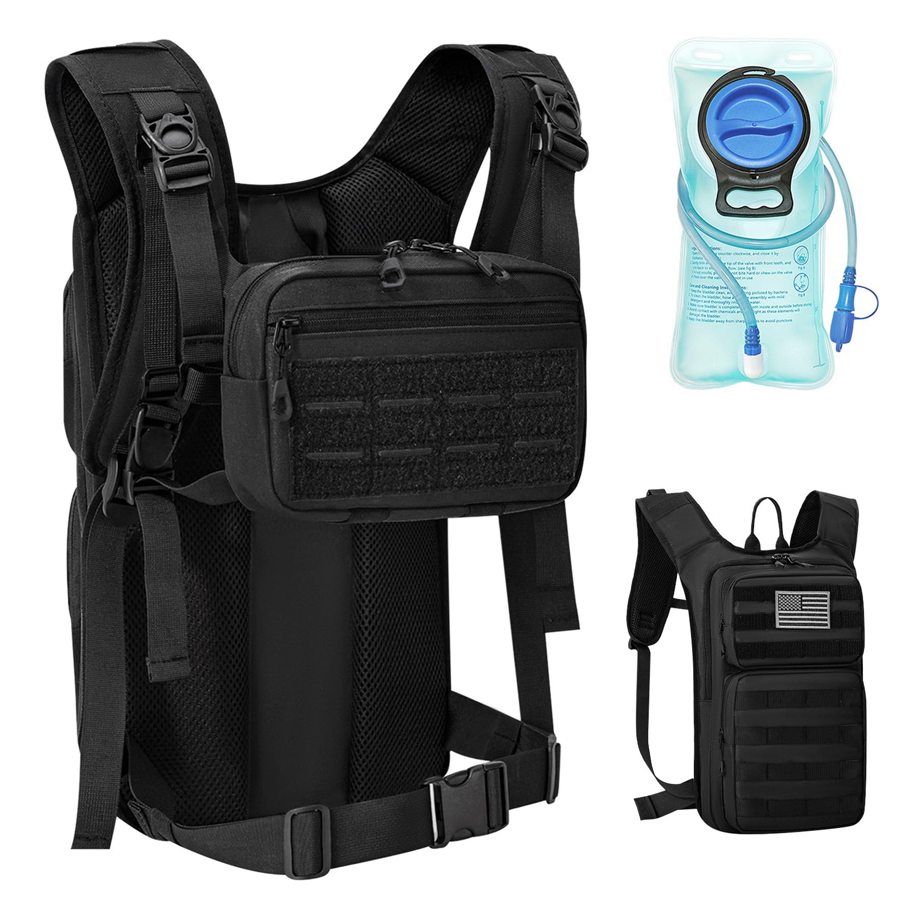 Koculemi Tactical Hydration Backpack with 2L Water Bladder and Front Small Tactical Pouch, Outdoor Water Backpack for Men Women, Sports Hydration Pack for Hiking, Cycling,Climbing