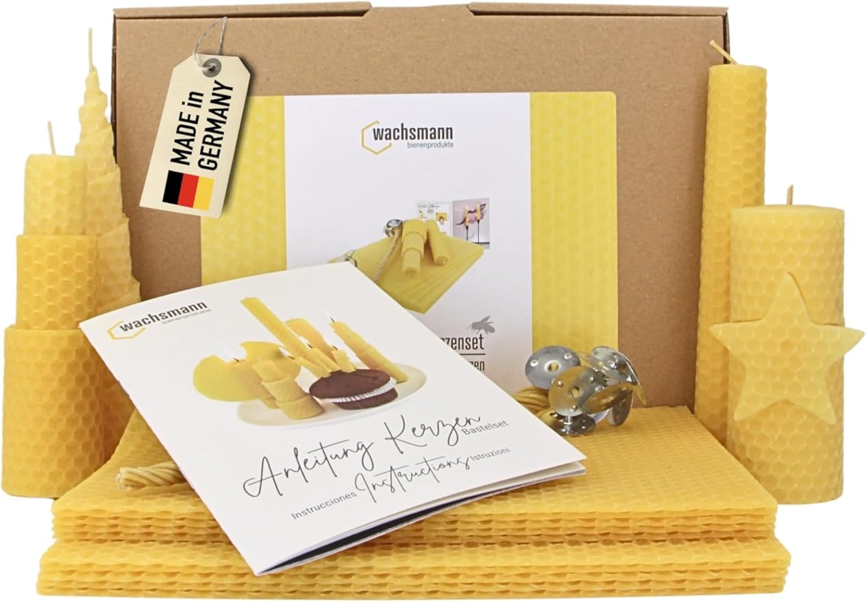 Wachsmann DIY Bienenwachs Kerzen Bastelset – Starterset für 10 Kerzen in vielen Farben – 100% reines Bienenwachs aus Deutschland, inkl. 10 Hanfdochte & bebilderter Anleitung