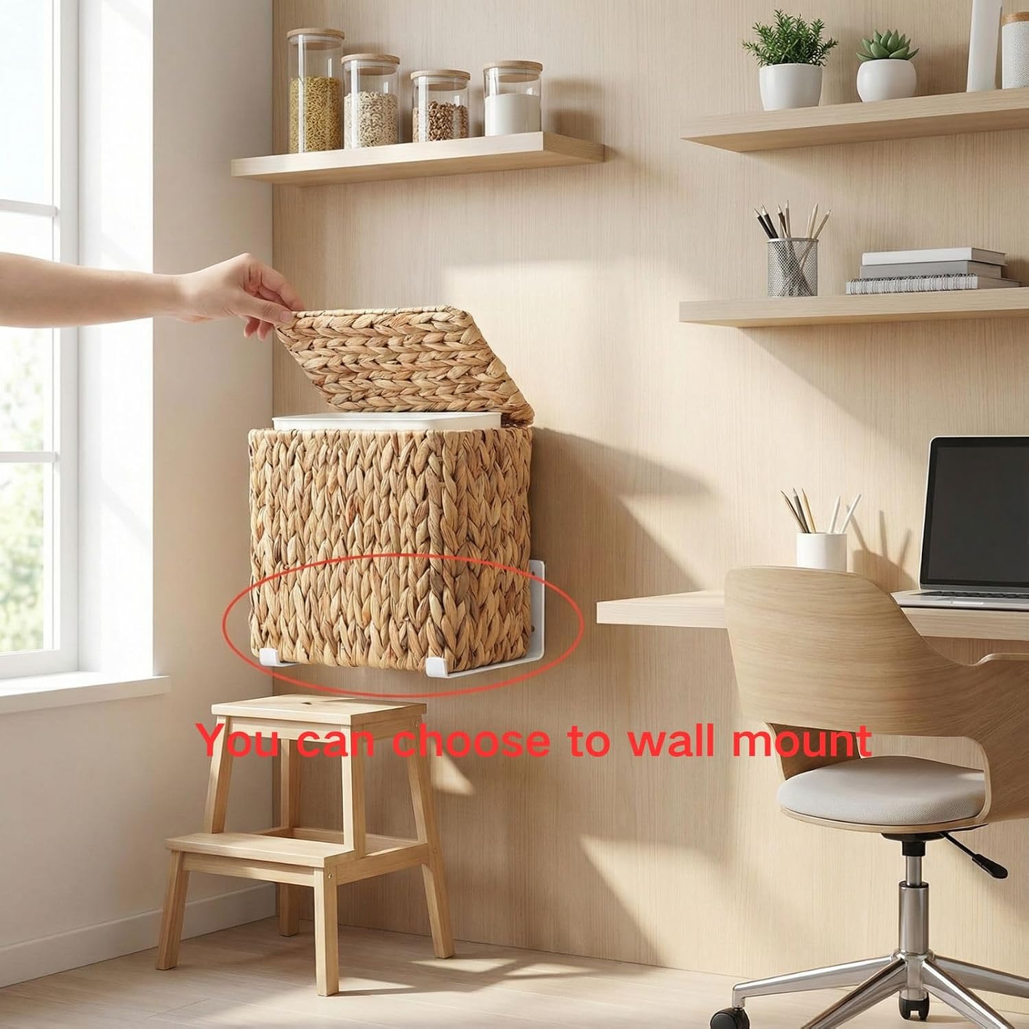 Wicker Trash Can with Lid, Small Slim Rattan Bathroom Trash Can, Boho Handwoven Waste Basket with Removable Plastic Liner and 2 Wall Mount Brackets, for Bedroom, Office and Kitchen