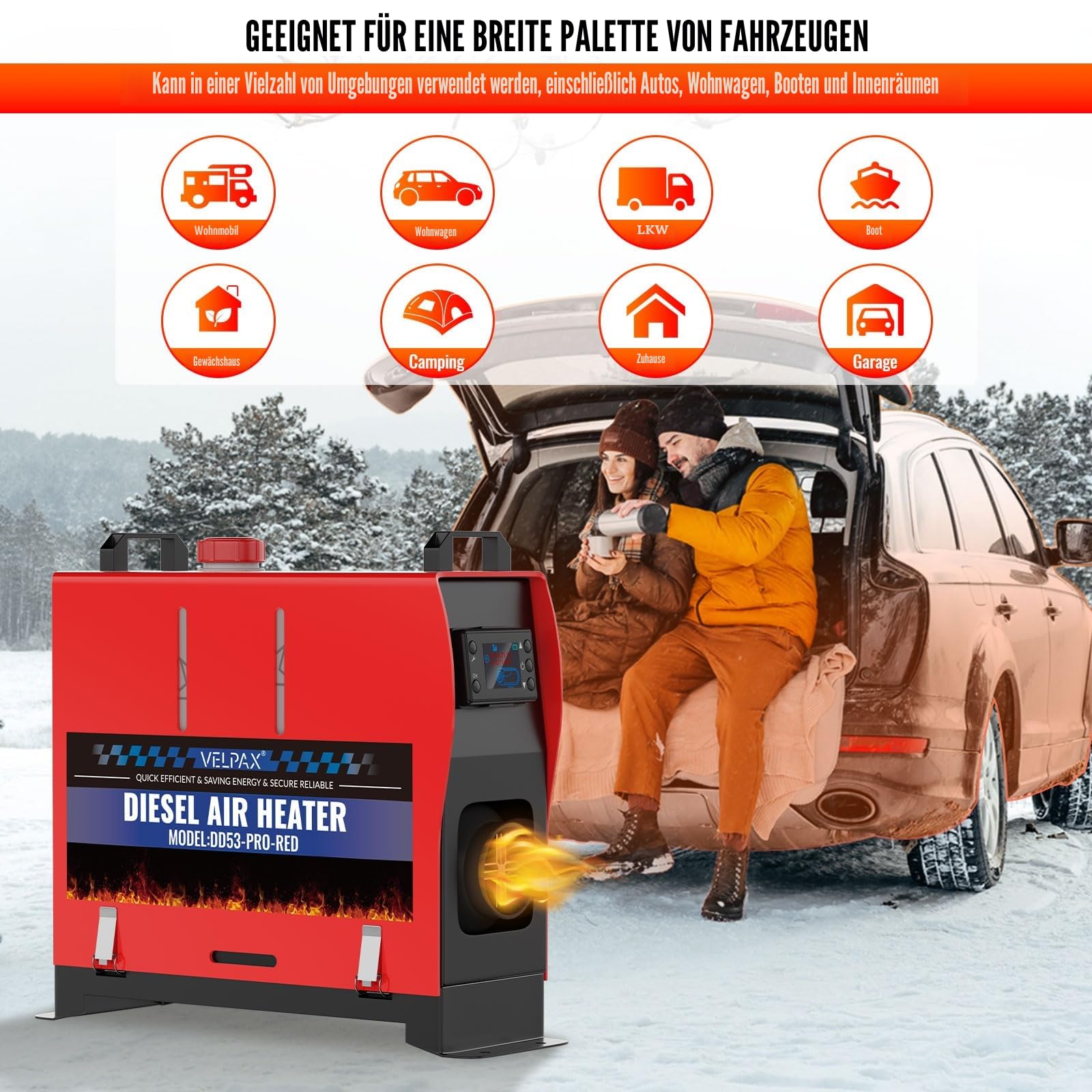 VELPAX Air Diesel Heater Auxiliary Heater, 8 kW 12 V Diesel Air Heater, All in One, LCD Switch Display 12 V, Portable Diesel Heater for Trucks, Quick Heating Buses, etc., RV Boats