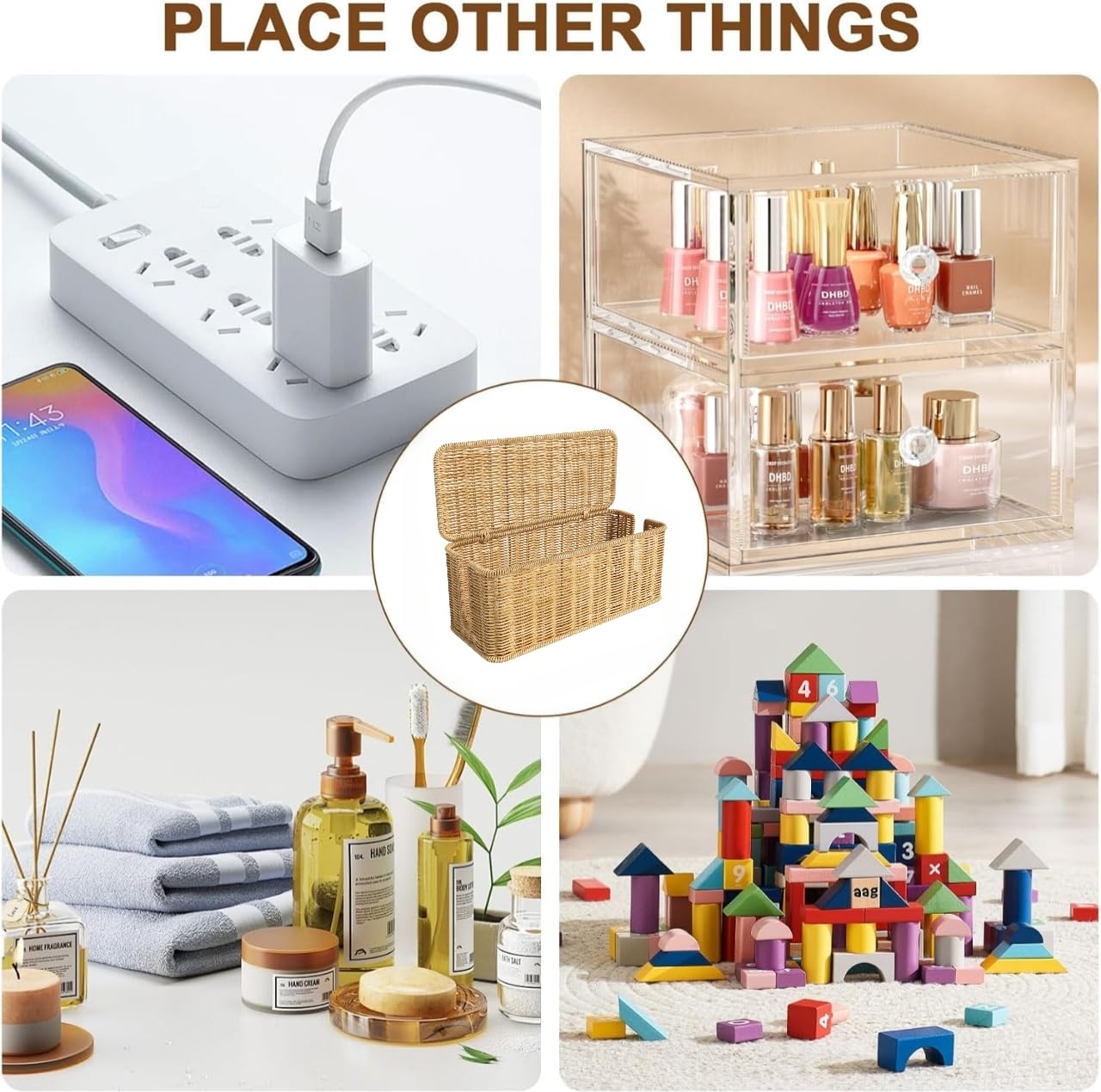 Rattan Kabelmanagement Box, Handgemachte Kabelbox mit Deckel, Kabelmanagementbox mit Seitlicher Öffnung Kabelsalat Verstecken Schreibtisch Steckdosenbox für Büro, Zuhause (Holzfarben)