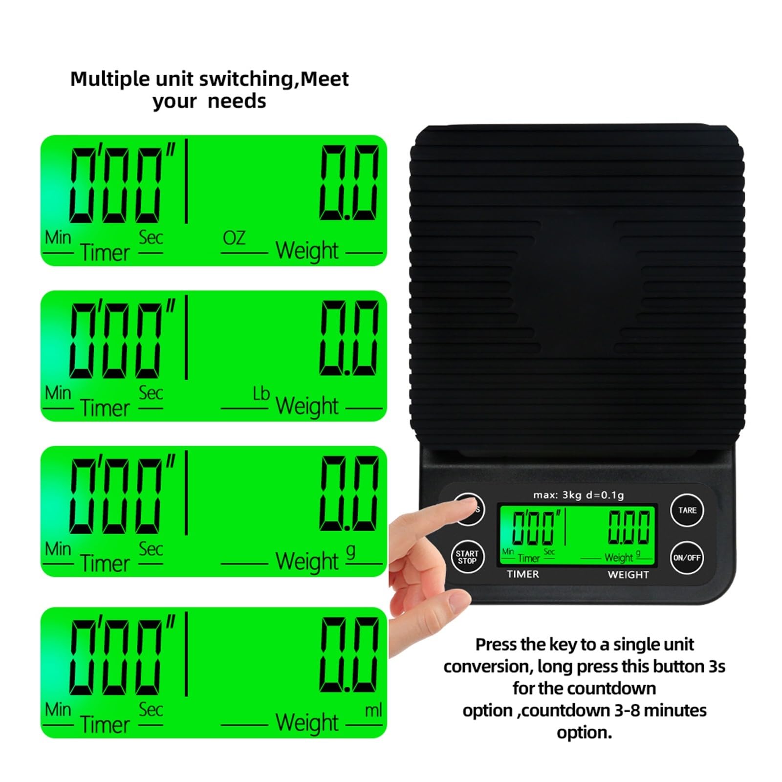 Hochpräzise Elektronische LCD-Waage, 3 Kg/0,1 G, 5, Tropfkaffeewaage Mit Timer, Tragbare Digitale Küchenwaage Genaue Messung(Black 5kg 0.1g)