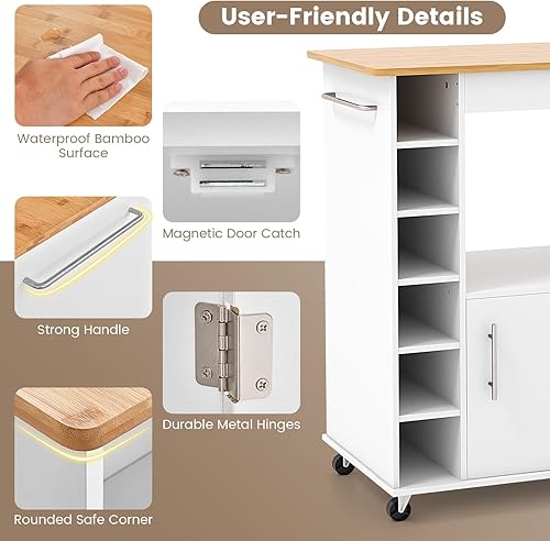 Miniatura 9 de LOKO Isla de cocina móvil con almacenamiento, carrito de microondas rodante con parte superior de bambú, estante de vino para 6 botellas, estante de