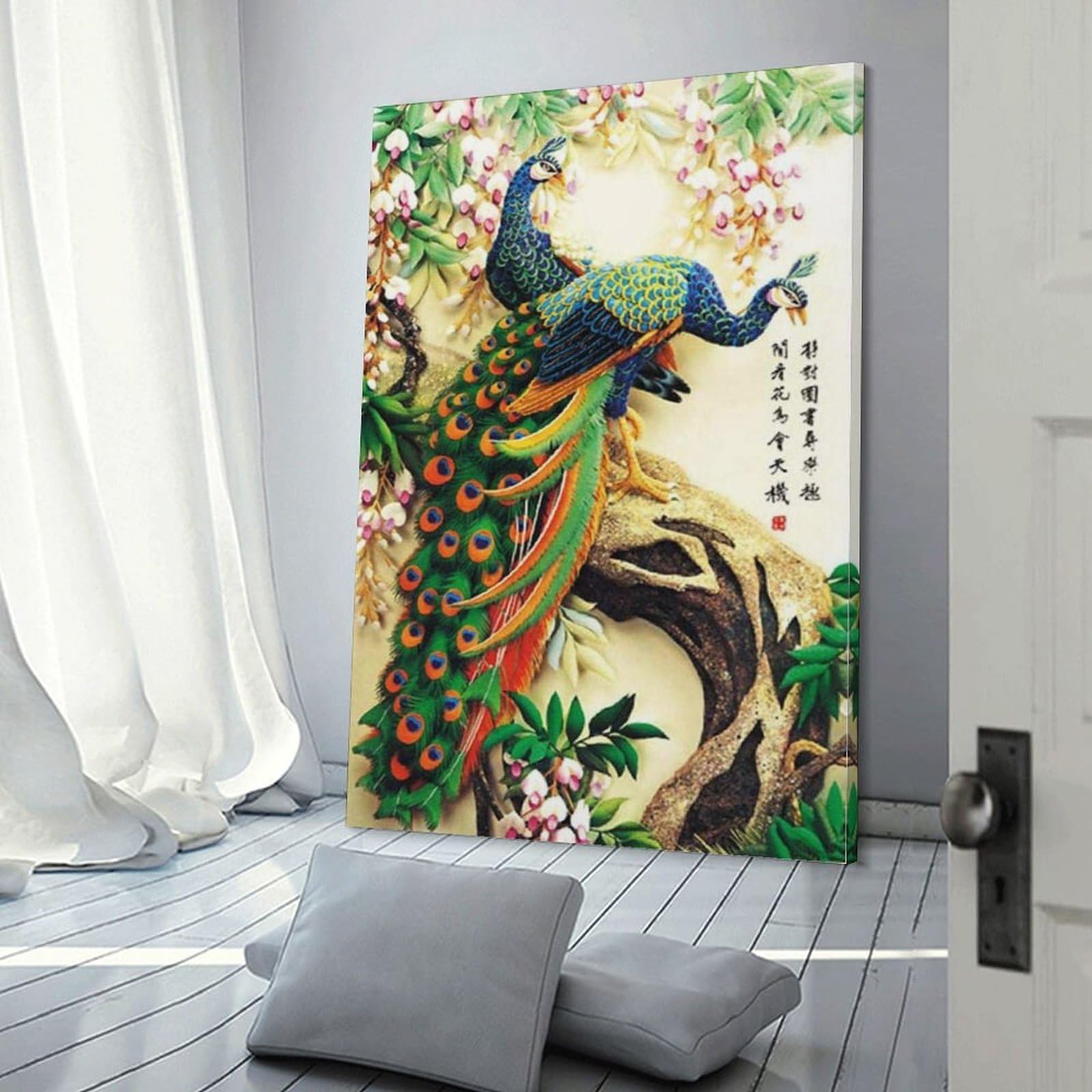 Amazon.co.jp: 中国の伝統的な鳥の絵色孔雀花枝東洋古代アジア水彩画壁 