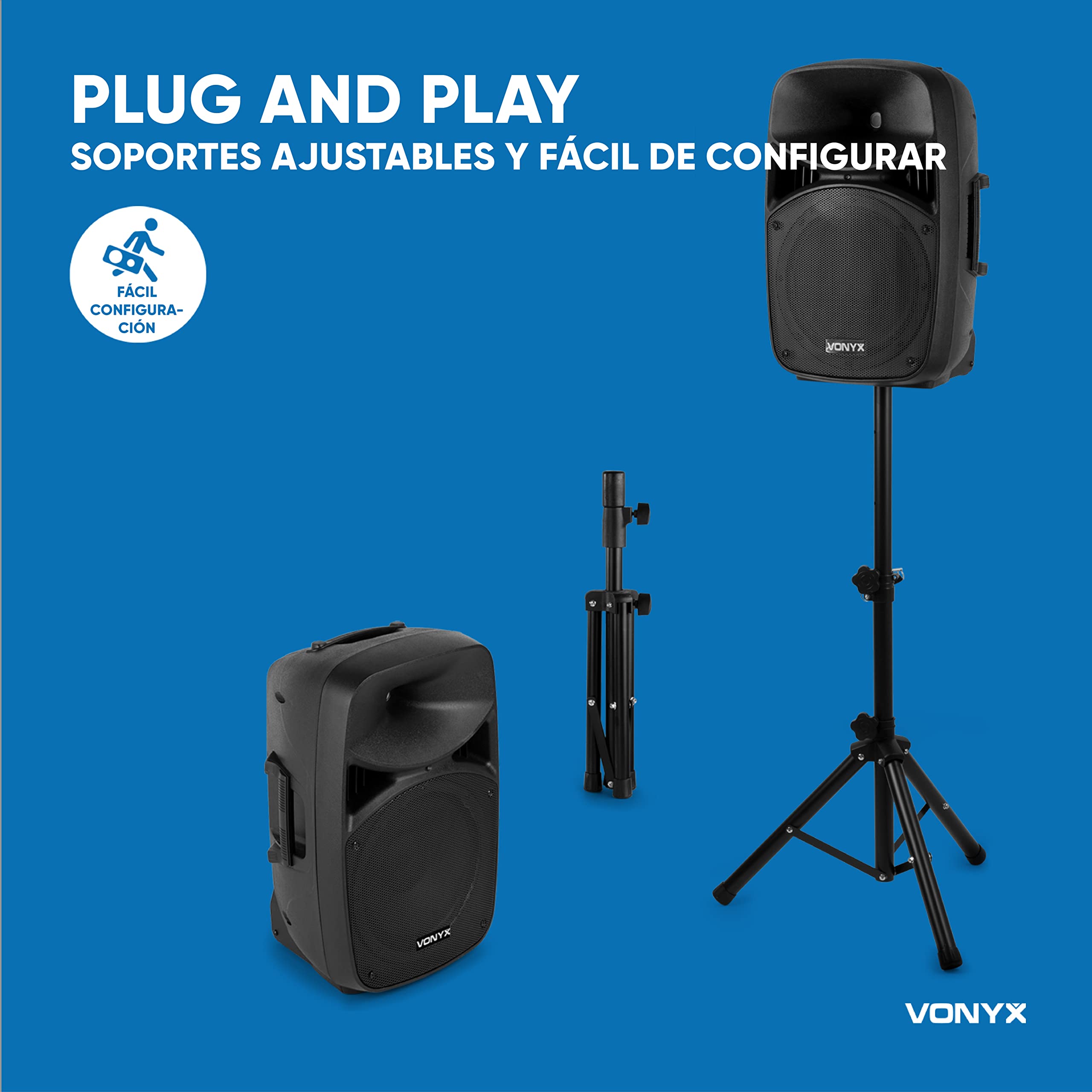 Vonyx VPS122A – Altavoz portatil Bluetooth Potente de 800W con 2 Altavoces 12", USB, Anillo LED en el Altavoz, trípodes y micrófono, Equipo de Sonido Profesional para DJ y Karaoke, Color Negro