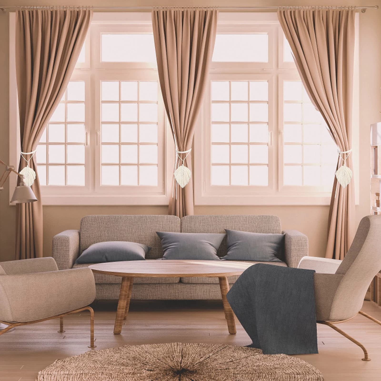 Set 4 Fermatende A Forma Di Fiore In Cotone Con Nappa – Regolabili E Resistenti Per Tende Sottili O Pesanti, Beige