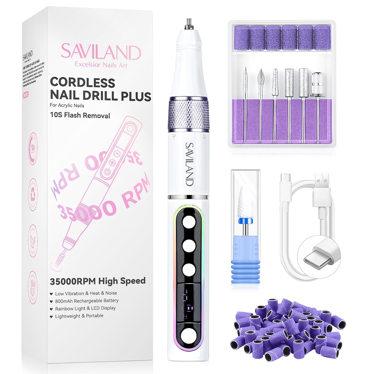 SAVILAND Advanced Cordless Electric Nail Drill: 10S Fast Removal 35000 RPM High Speed Nail File Kit for Acrylic Nail Tool Professional Rainbow Light LED Display Pro Manicure Kit Salon Travel Nail Tech SAVILAND Advanced Cordless Electric Nail Drill: 10S Fast Removal 35000 RPM High Speed Nail File Kit for Acrylic Nail Tool Professional Rainbow Light LED Display Pro Manicure Kit Salon Travel Nail Tech