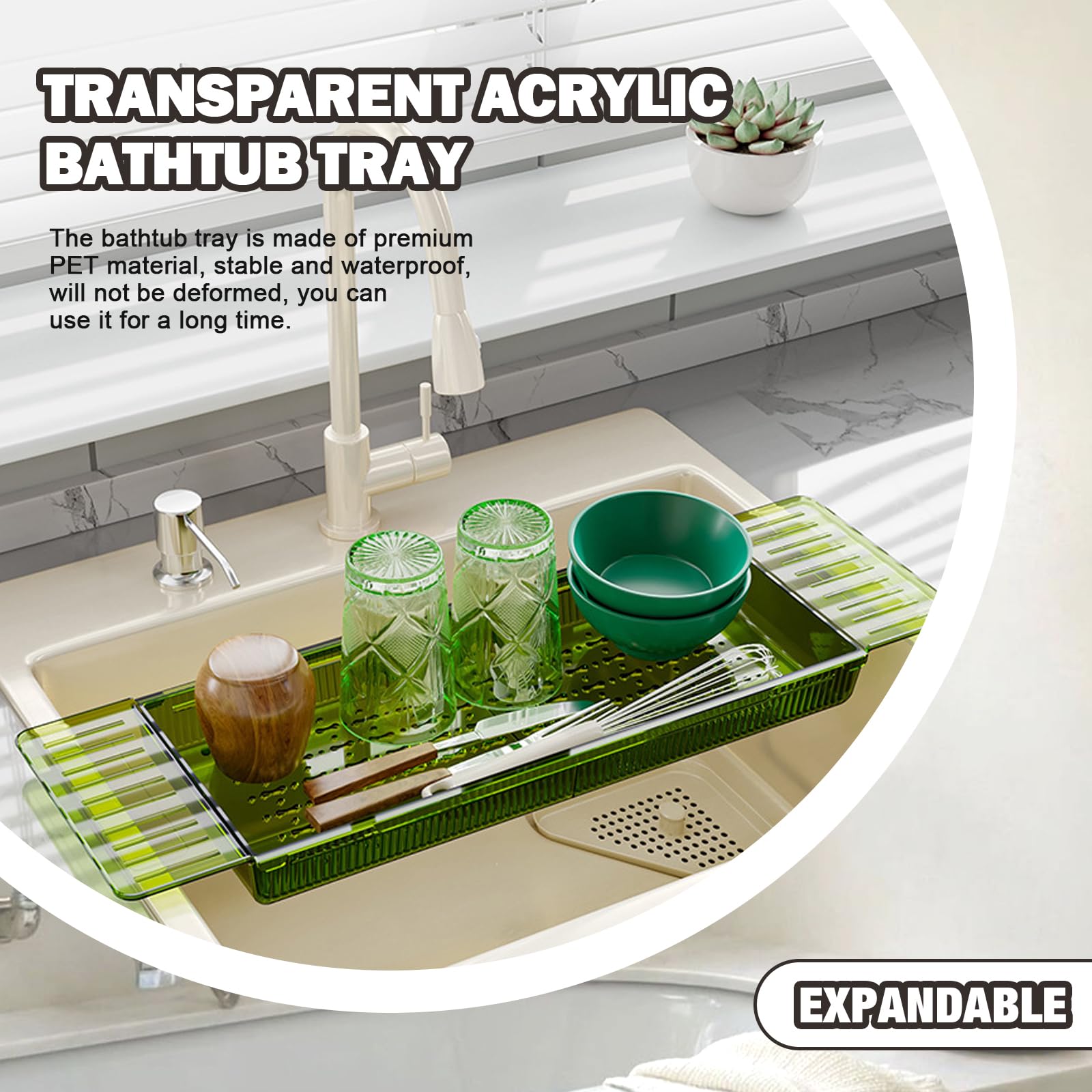 Bandeja de bañera acrílica para bañera grande, bandeja de bañera expandible para mujeres relajantes con alfombrilla antideslizante (verde)