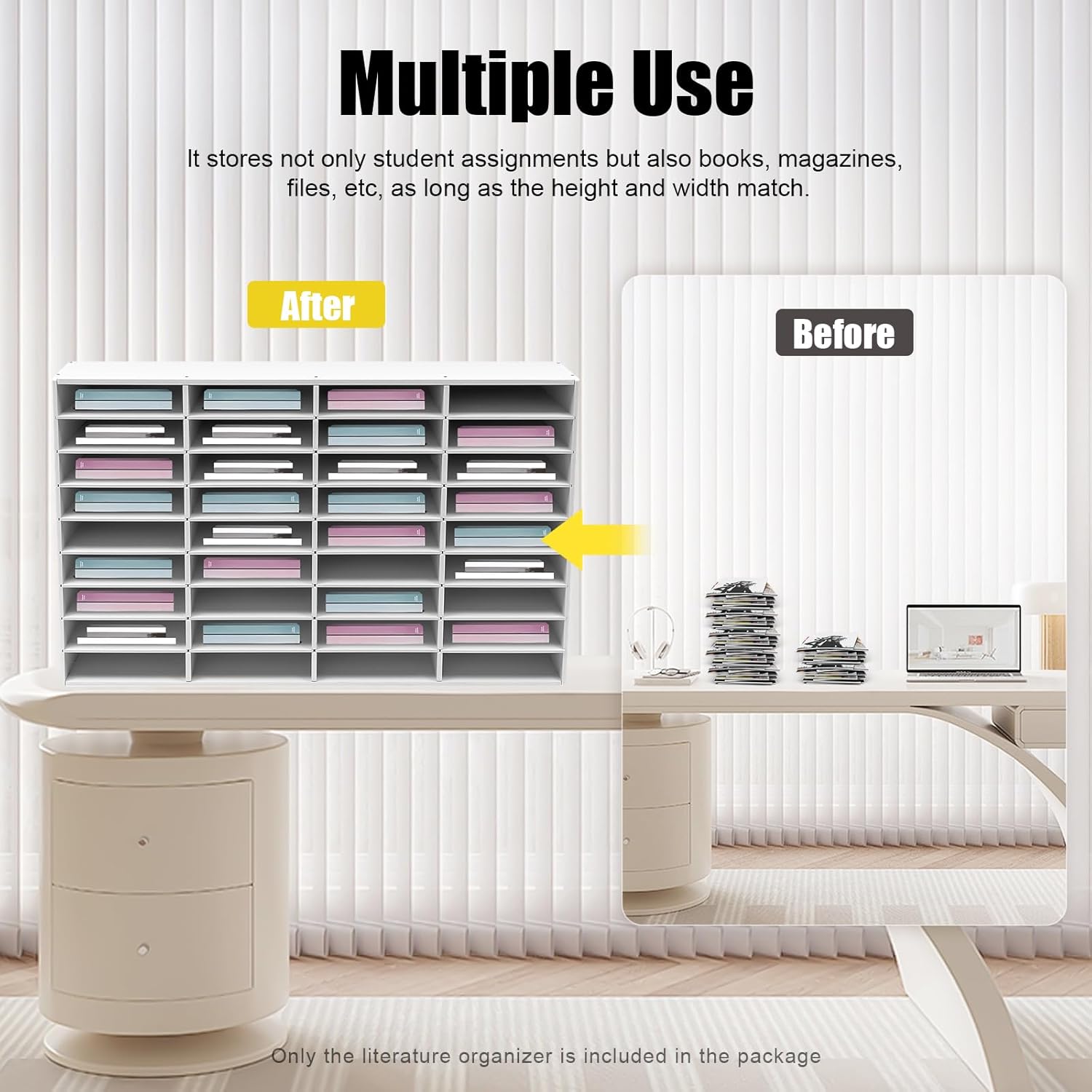 36 Slots Literature Organizer, Desktop Paper & Mail File Sorter for Classroom/Office/Home, PVC File Storage Cabinet with Adjustable Compartments, Multi-Purpose Mail Center (White-36 Compartments)
