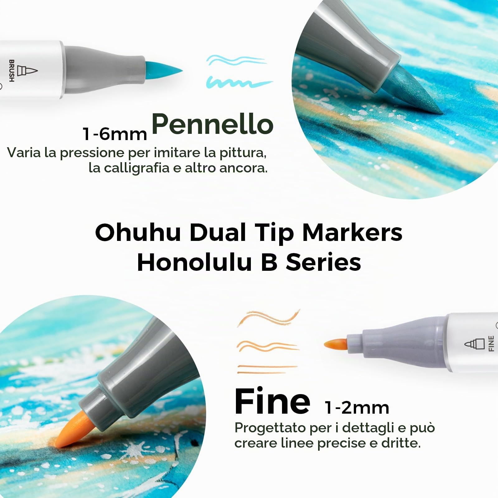 48 colori pastello Pennarelli， Ohuhu pastello a punta a pennello a base di alcool a doppia punta per artisti, per illustrazioni da colorare per adulti, +1 pennarello per alcol & custodia