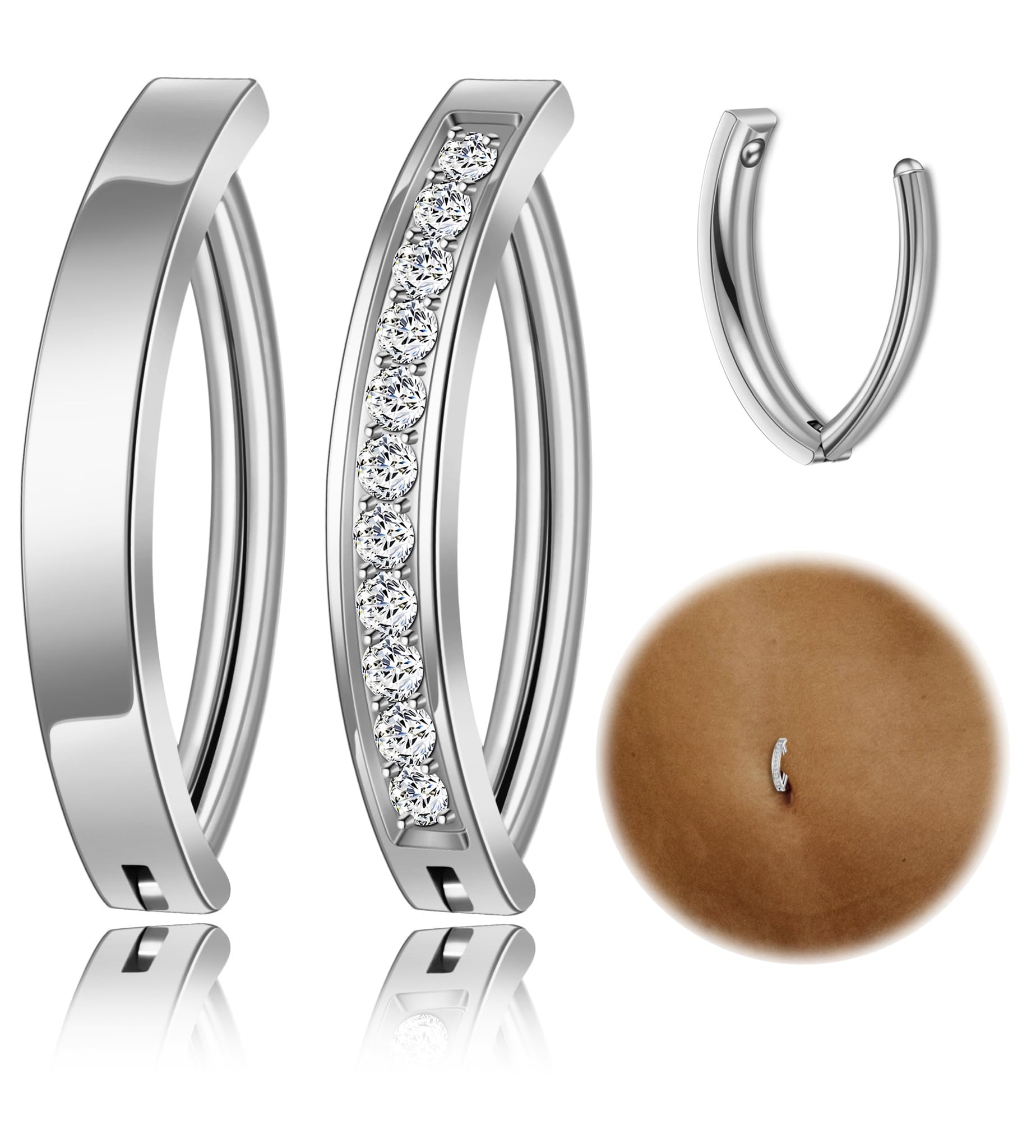 REVOLIA 2Pcs 14G G23 Solid Titanium Clicker Belly Button Rings for Women Hypoallergenic Cliker Belly Rings CZ Simple Reverse Navel Rings Pure Titanium