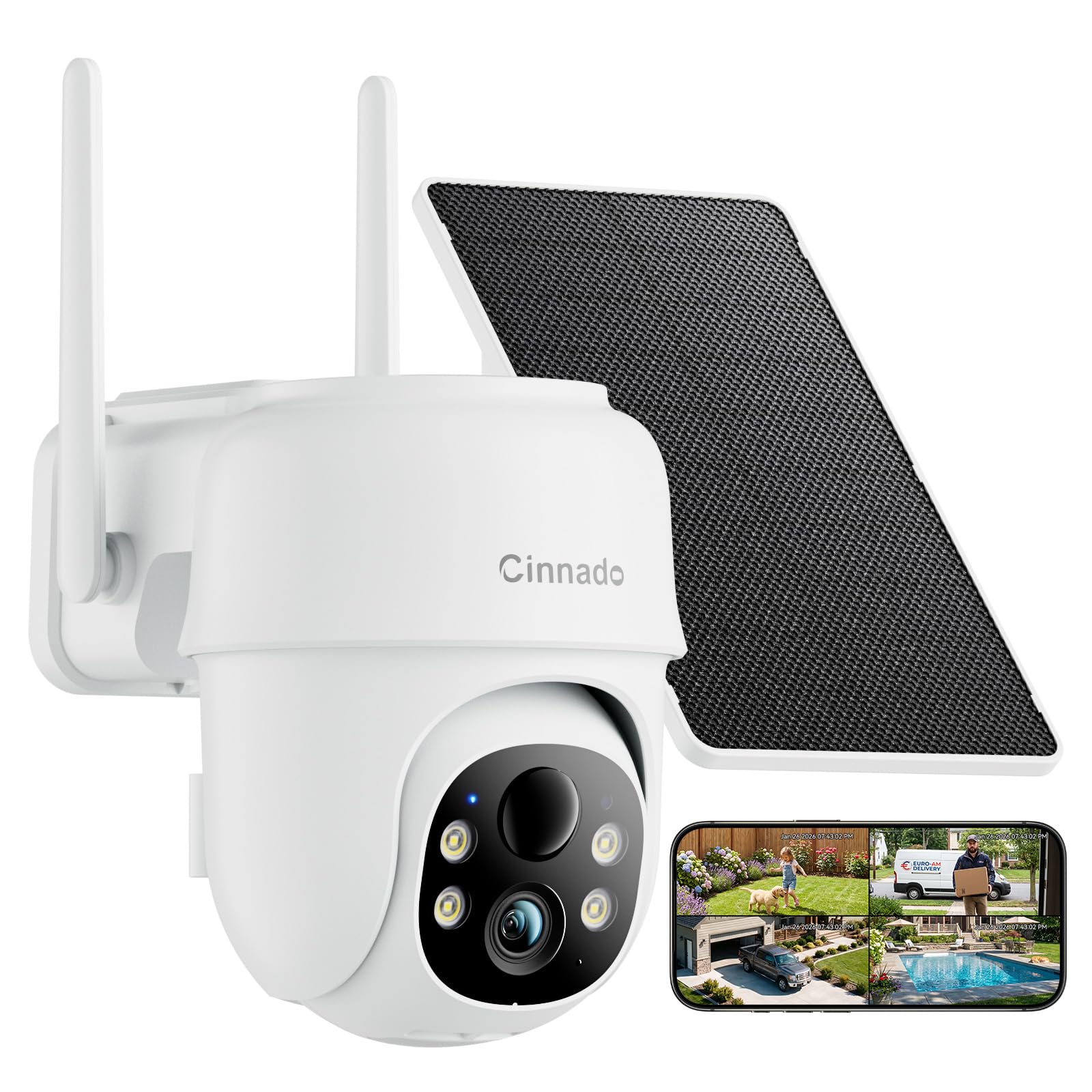 Cinnado Überwachungskamera Aussen Akku Solar - 2K Kamera Überwachung Aussen WLAN Outdoor kabellos Solarpanel 360 Grad, PTZ, PIR Bewegungsmelder IP65, Farbnachtsicht, Zwei-Wege-Audio (Weiß)