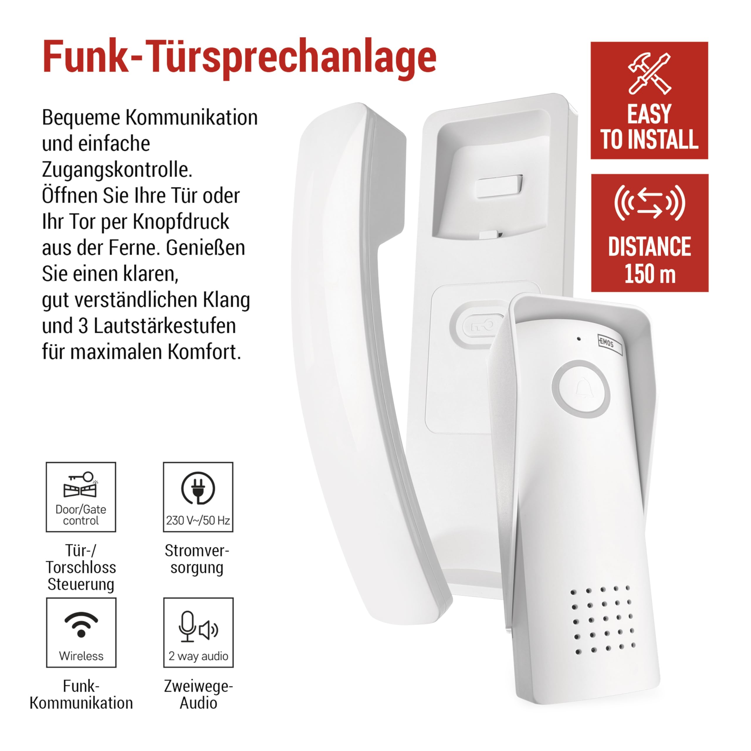 EMOS - Set di citofono audio, wireless - connessione wireless, design elegante - Kit audio/citofono con apertura porta - facile da usare - Connettore di alimentazione (230 V/12 V) - bianco