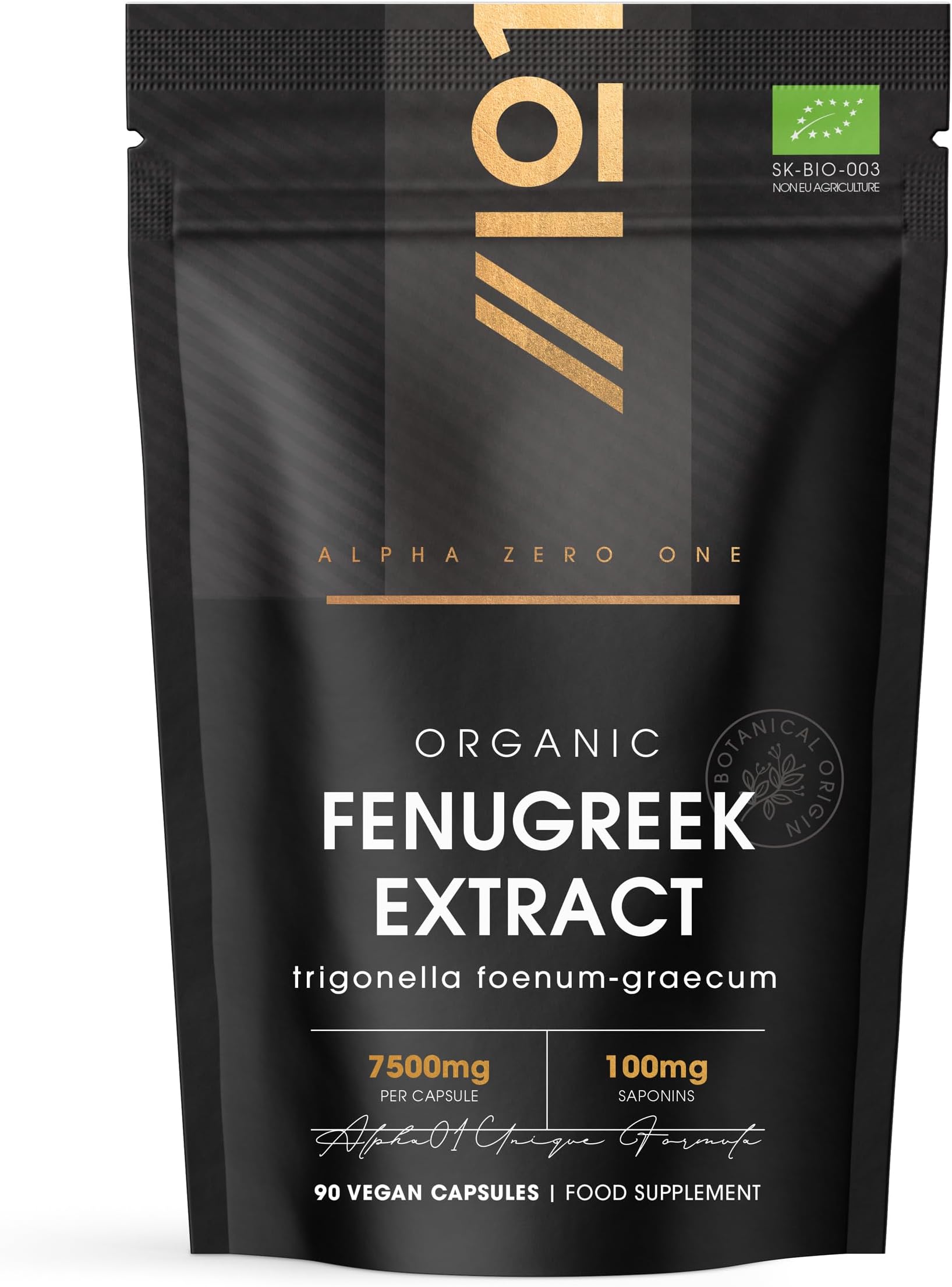 Organic Fenugreek Extract 7500mg - High Strength 20% Saponins (100mg) Supplement - 90 Vegan Capsules (3 Months Supply) - Resealable and Recyclable Pouch - By Alpha01