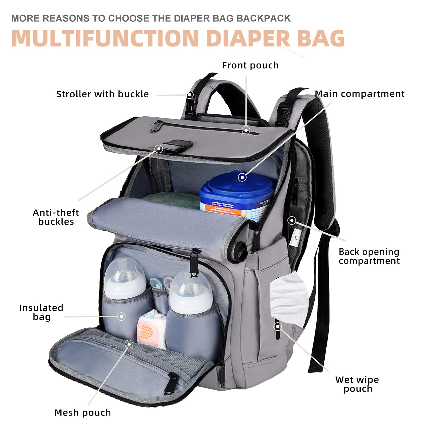 Waldseemüller Zaino Mamma Multifunzione, Tessuto Ecologico Grande Capacità Fasciatoio, Zaino per il Cambio Unisex con Materassino e Sacchetto Termico di Bottiglia (Grigio)