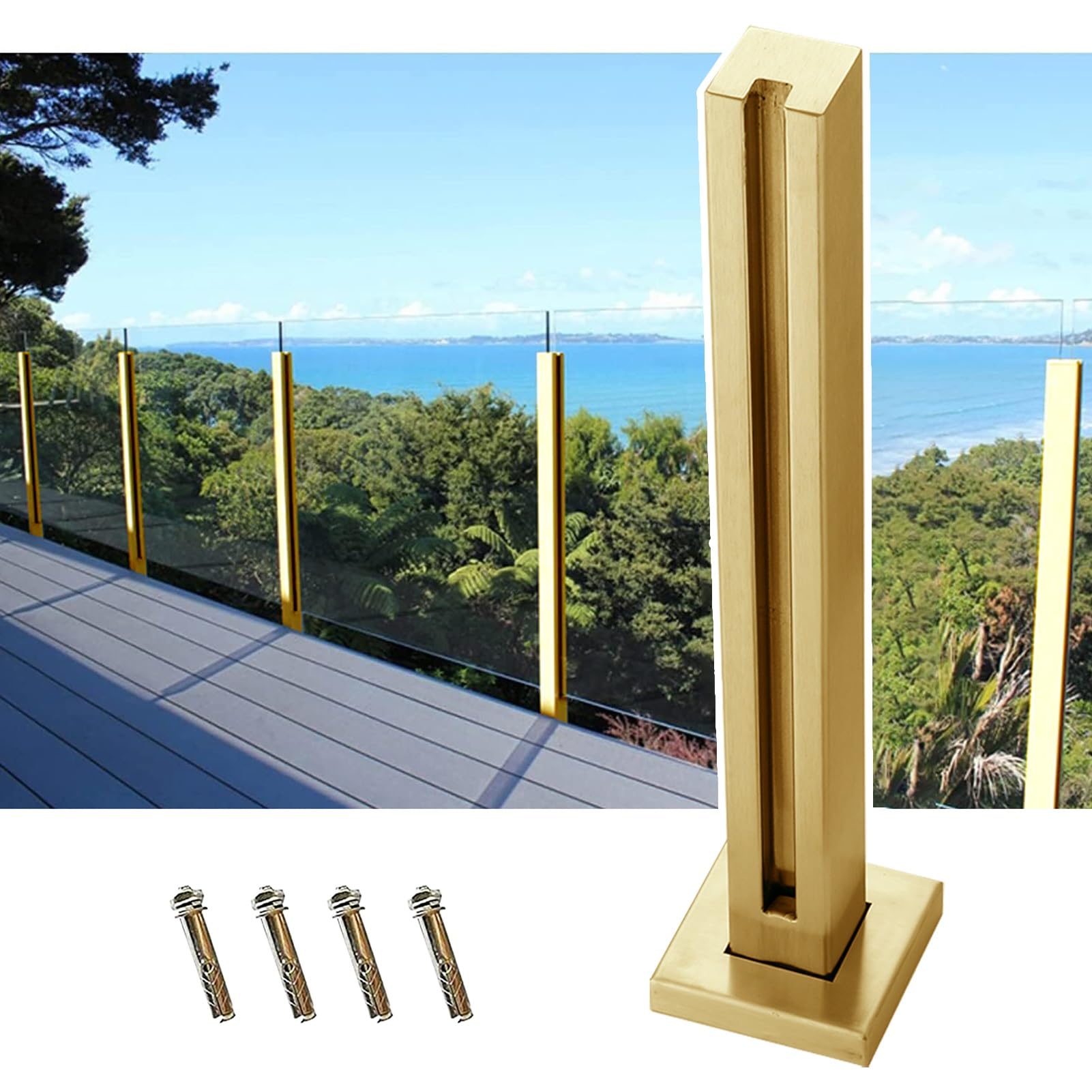 Poteau de garde-corps en verre doré avec pinces de fixation intégrées pour balcon