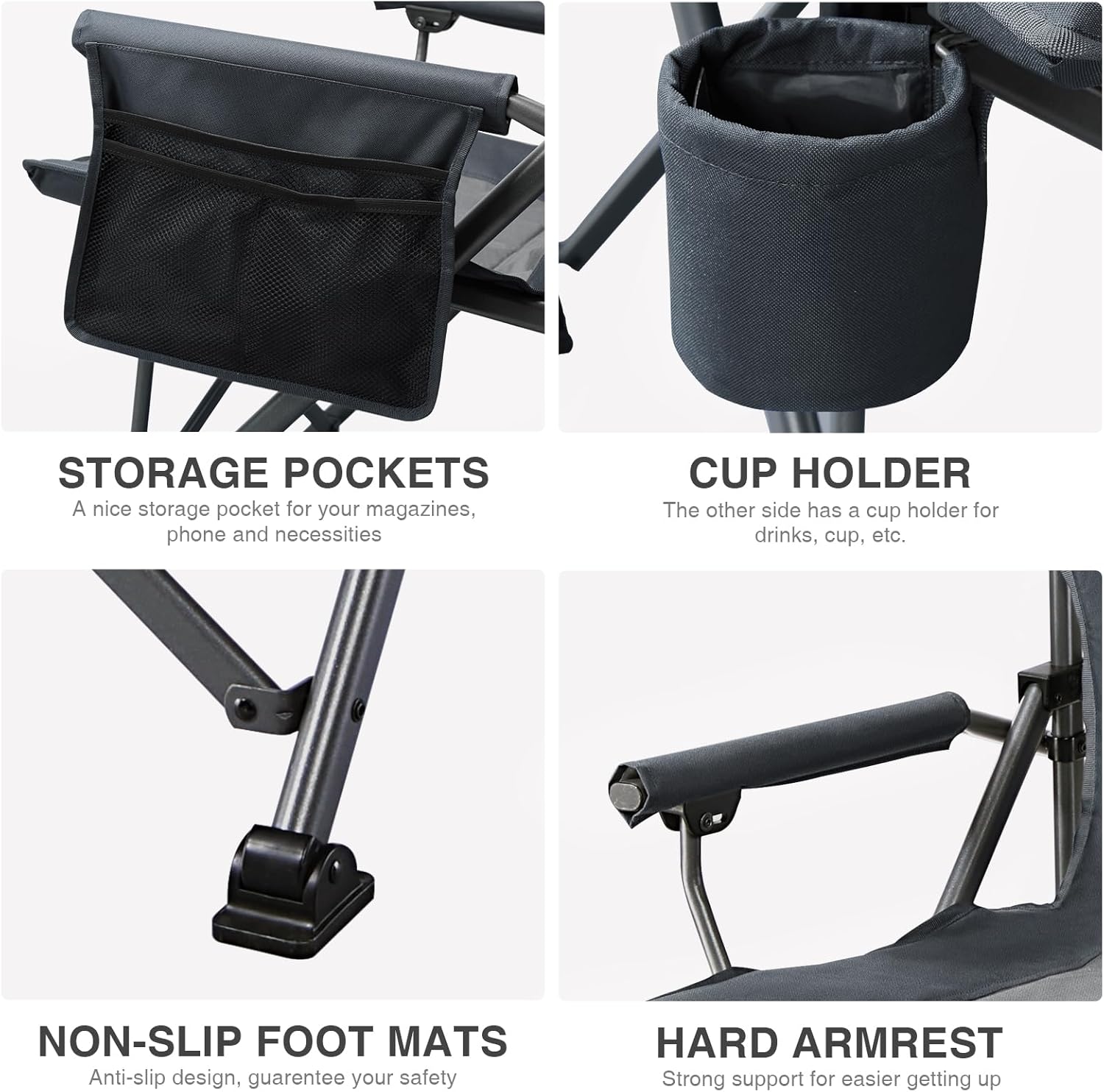 EVER ADVANCED Oversized Folding Camping Chair, for Adults Heavy Duty Lawn Chair with Side Pockets, Portable Collapsible Quad Chair for Outside, Support Up to 500lbs, Grey - Image 7