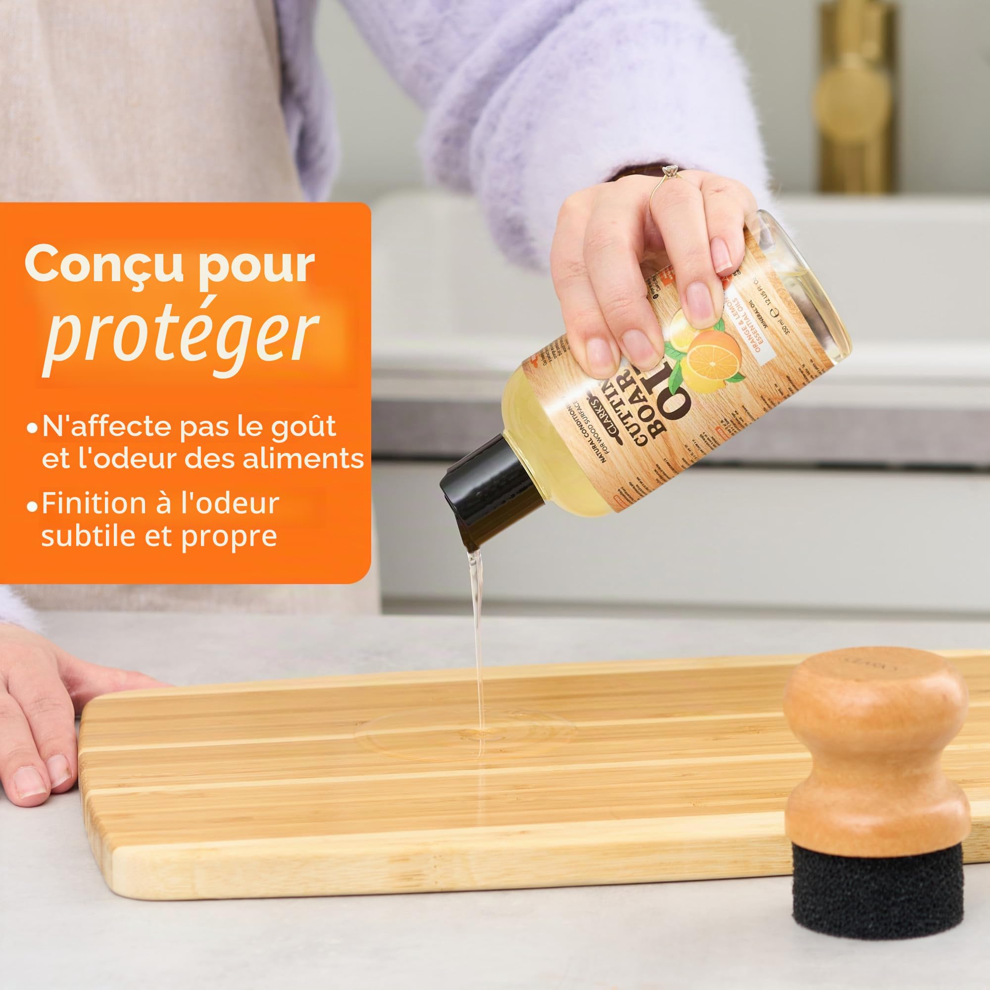 CLARK'S Huile de planche à découper – Huile minérale de qualité alimentaire pour planches à découper et blocs de boucher – Huile de planche à découper aux extraits d'orange et de citron – L'huile