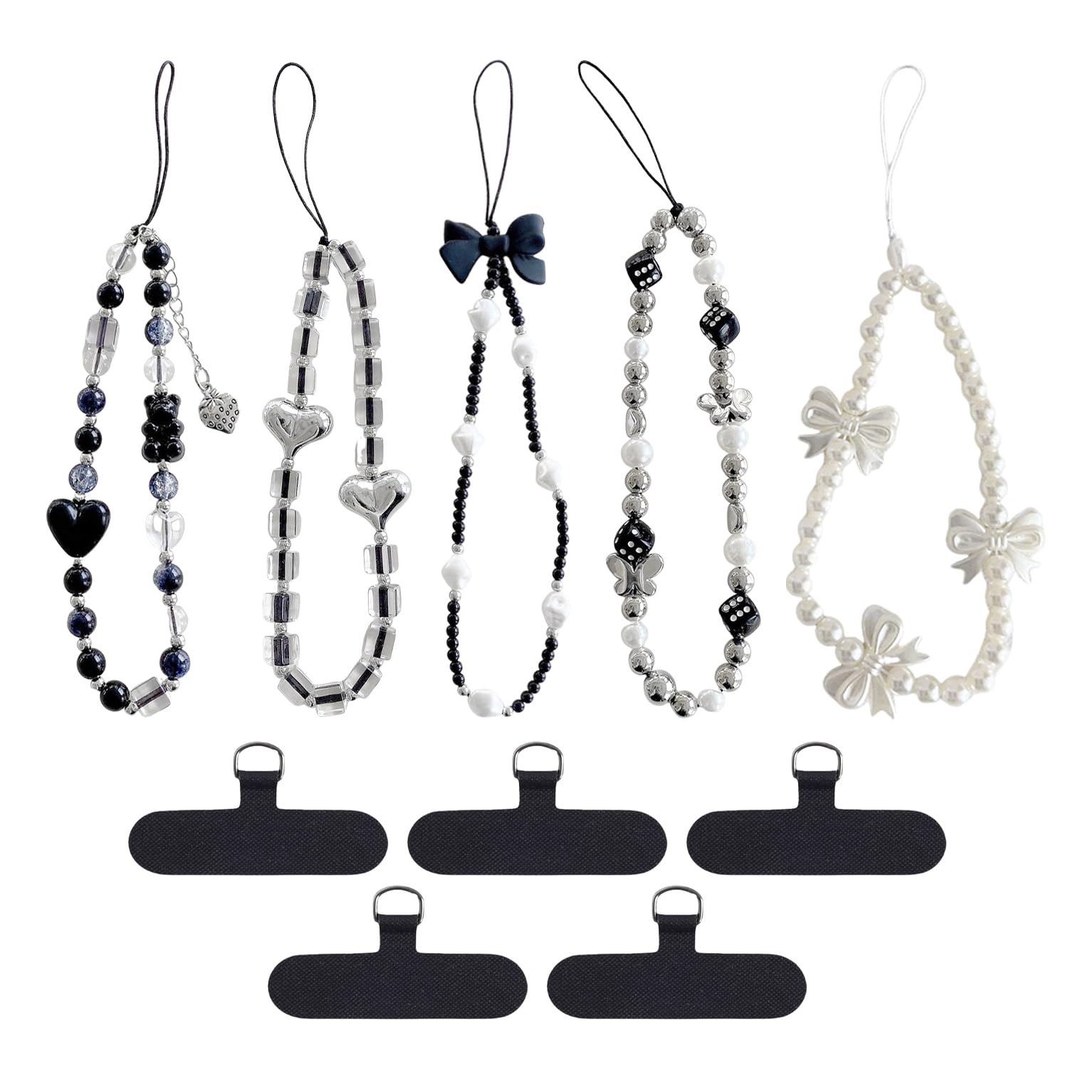 OODJVN 5 Pieces Of Beaded Mobile Phone Lanyard, 5 Universal Patches, Portable Short Mobile Phone Lanyard, Mobile Phone Chain Anti-Lost Clip, Mobile Phone Decoration Accessories.