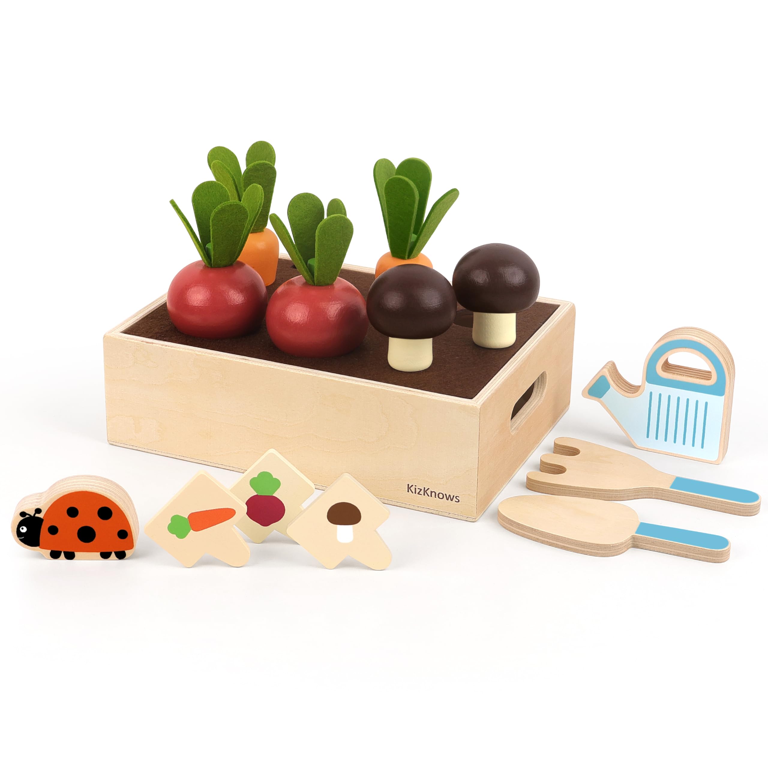 KizKnows Wooden Toy Play Food Garden Set Wooden Growing Vegetables Playset Activity for Kids Pretend Play Food Toddlers Play Kitchen Accessories Early Learning Toy Gift for Boys Girls 3+