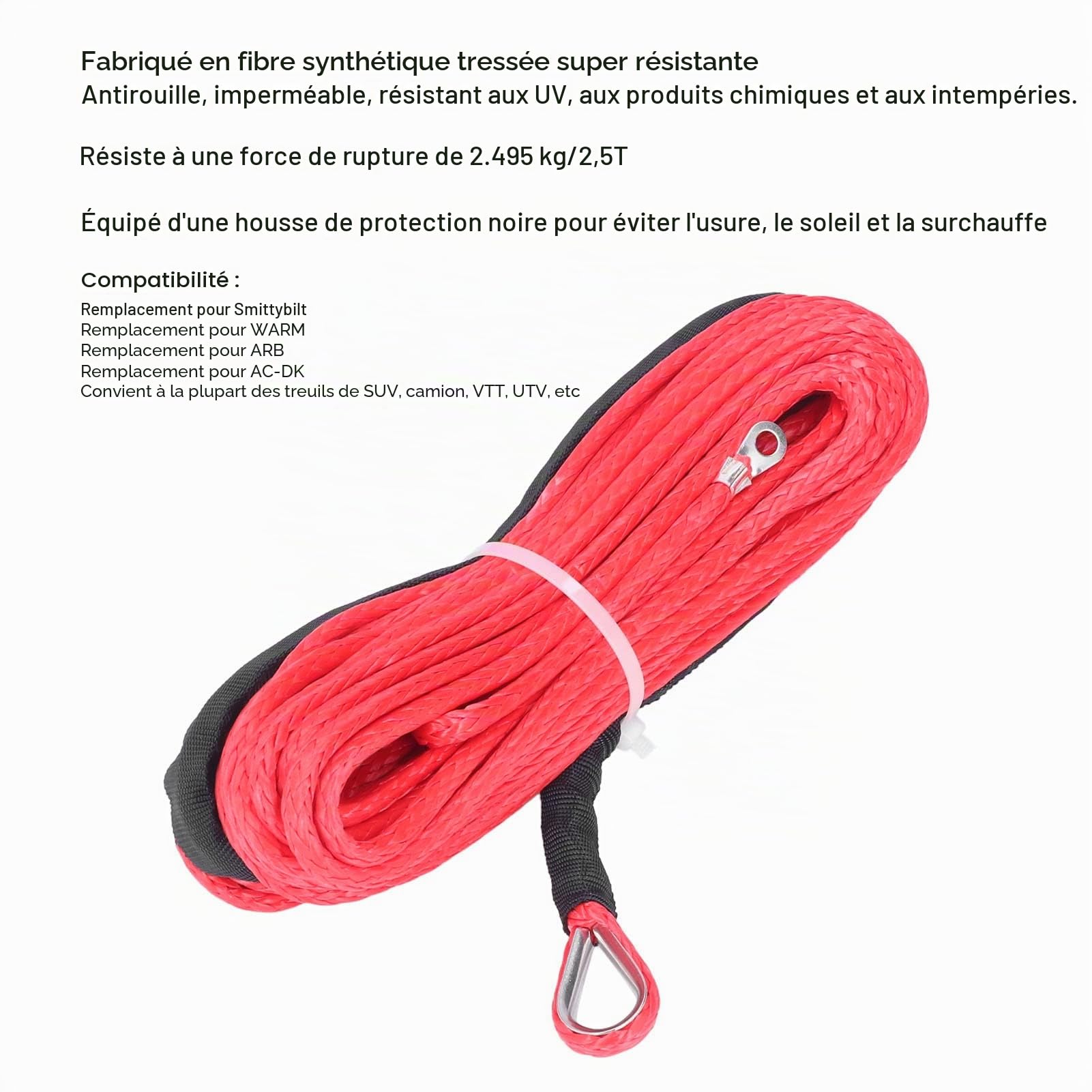 KIMISS Sangle de Câble de Remorquage de Voiture, Câble de Treuil 4,8 Mm X 15 M en Fibre Synthétique 5500 Lbs Résistance à la Rupture étanche pour Remorque ATV UTV(Rouge)
