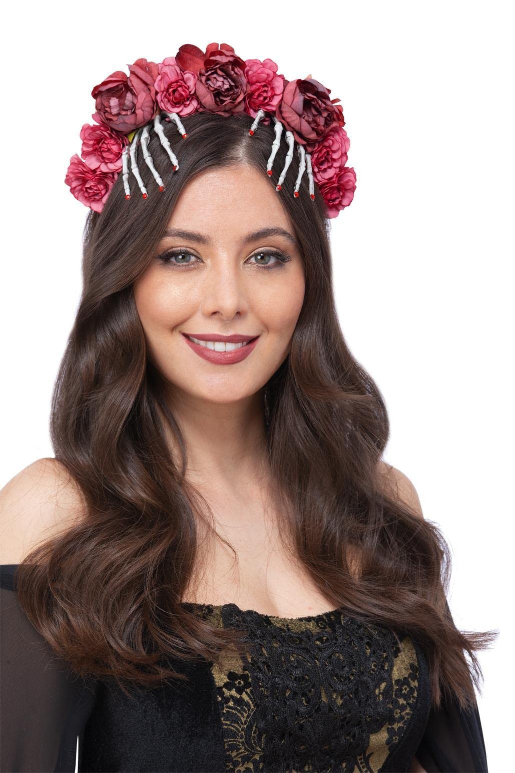 Smiffys Red Rose & Skeleton Hand Headband, Halloween Fancy Dress Accessory, Day of The Dead Dress Up Hats - Image 2
