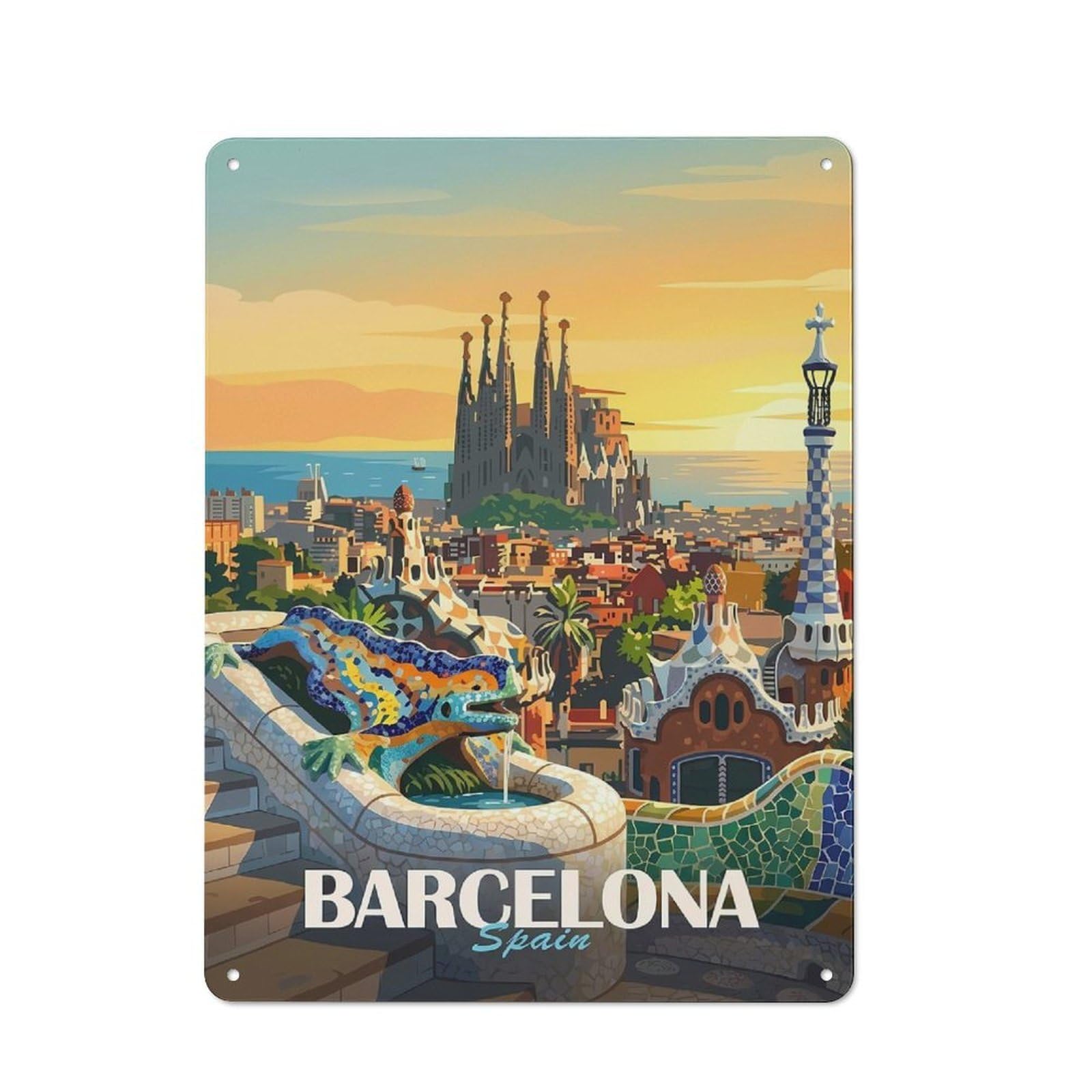 Junmoney Style-20 For Café Or Restaurant, Barcelona Spain Travel (4) Retro Metal Sign 40X30cm, Gift For Café Owners And Decorators During The Christmas Season