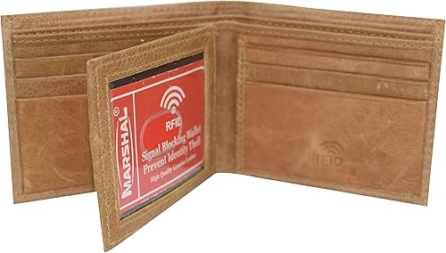 MARSHAL Cartera de identificación con solapa central de piel auténtica con bloqueo RFID para hombre, Beige Bronceado, Bifold