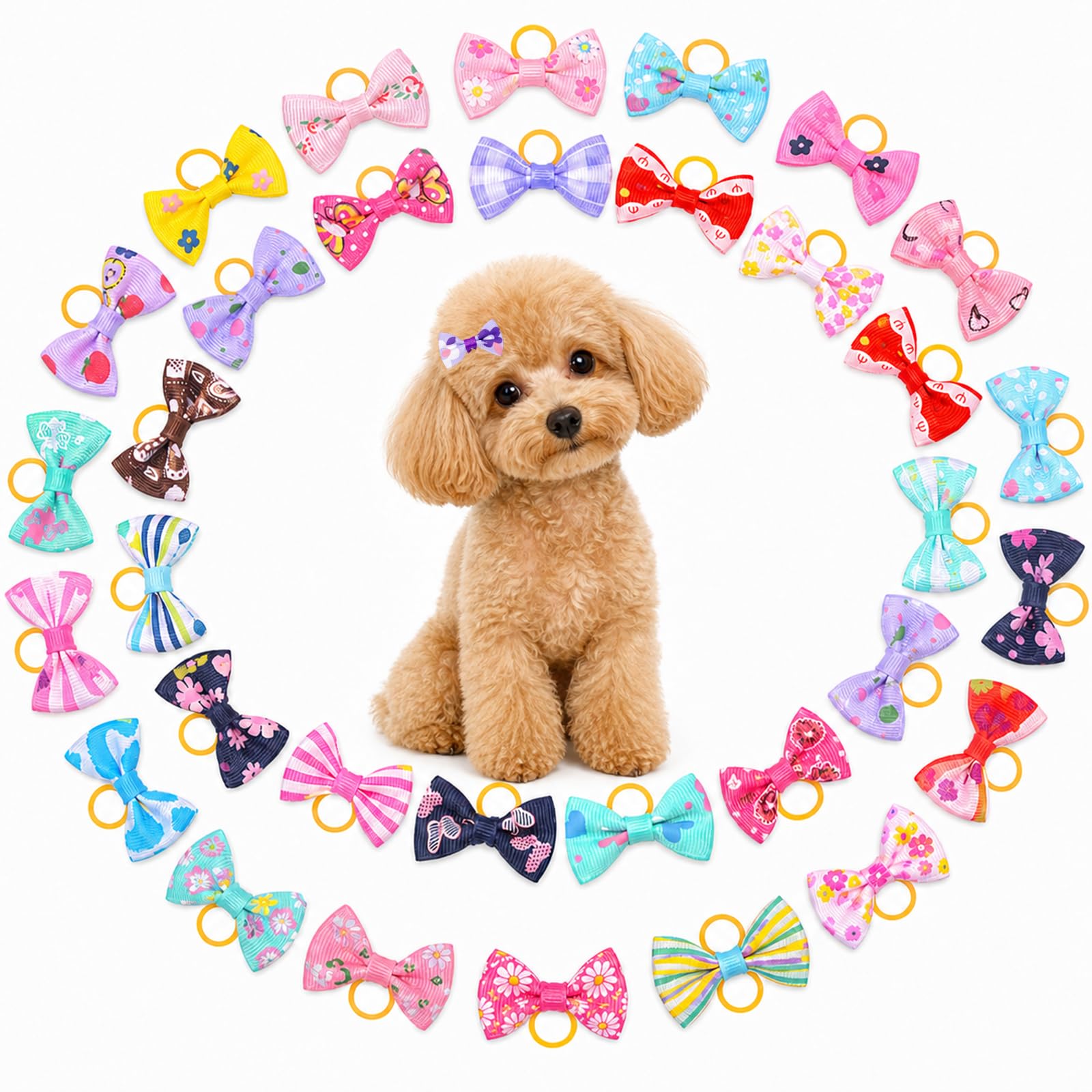 Otpermen Dog Hair Bows, Puppy Dog Hair Bows with Elastic Rubber Bands, Long hair Pets Hair Accessories for Dogs and Cat Grooming, Cute Mixed Colour Topknot Bow Clips for Daily Use