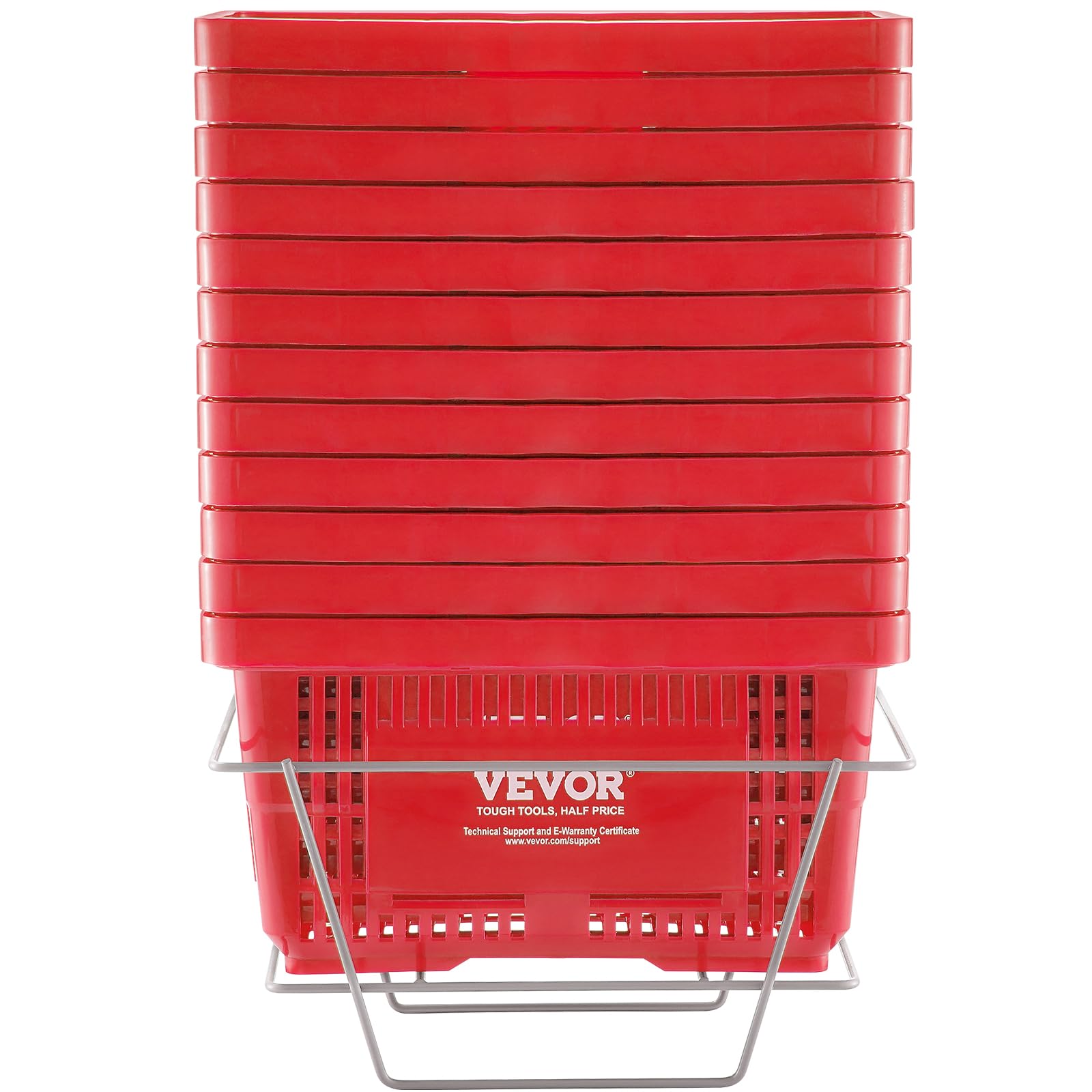 VEVOR Cesta Roja de la Compra con Asas y Soporte, 12 Piezas, 24 L, Cesta Portátil de la Compra de Plástico Duradero de 425 x 295 x 225 mm, para la Compra de Comestibles en el Supermercado, Tienda