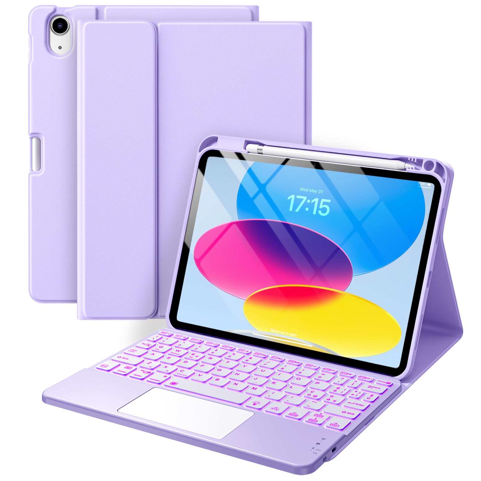 Vobafe Tastiera iPad 10 Generazione 10.9 Pollici 2022, Cover con Tastiera Rimovibile iPad A16 11 Gen 2025 con Trackpad, Italiano QWERTY con 7 Colori Illuminato, Custodia con Portapenna,Lavanda
