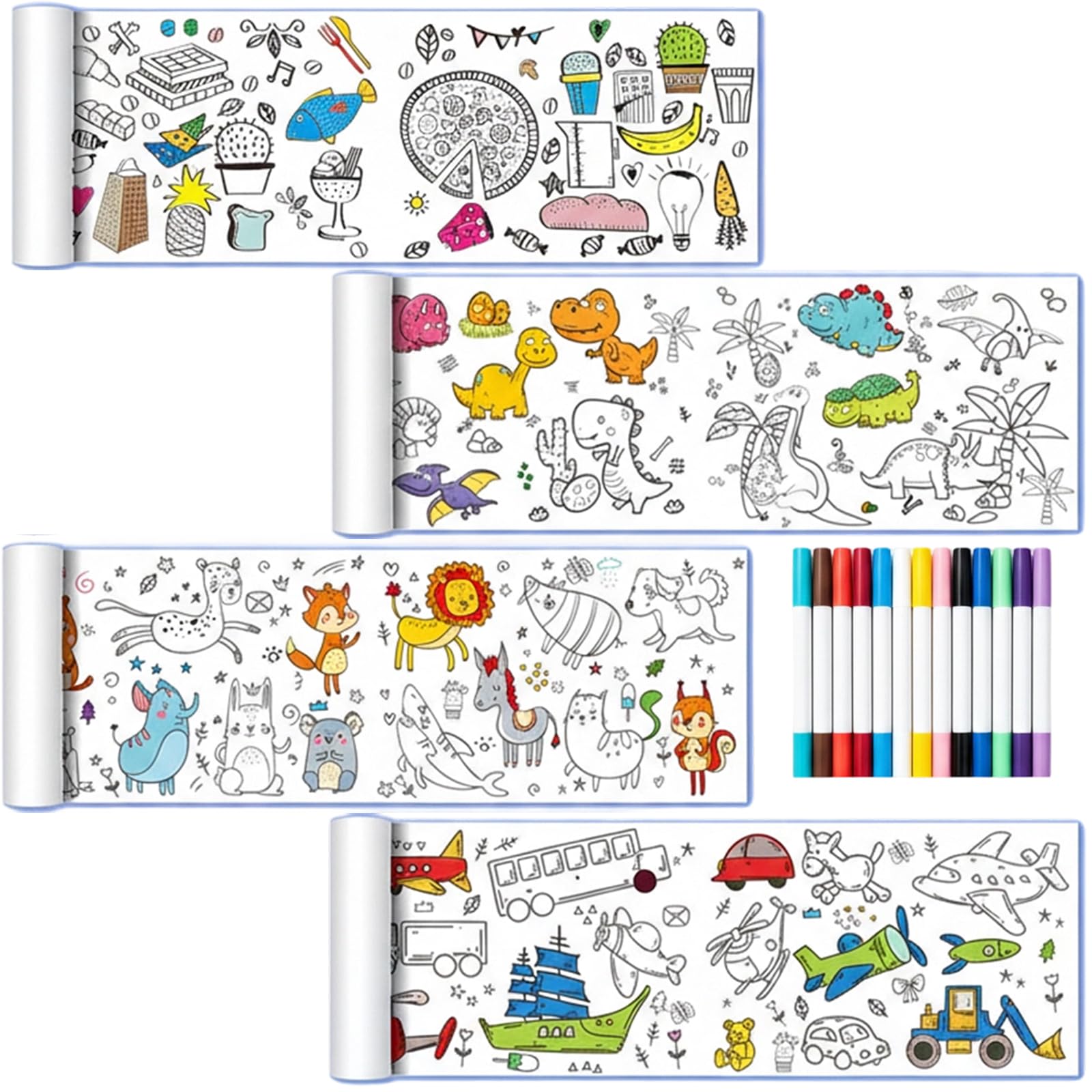 Paper Roll for Kids, Creative Coloring Sheets Set, 4 Themed Scrolls Drawing Paper Roll with 12 Markers, 3.6m X 30cm Drawing Paper Roll for Kids Art Activity and Family Activities
