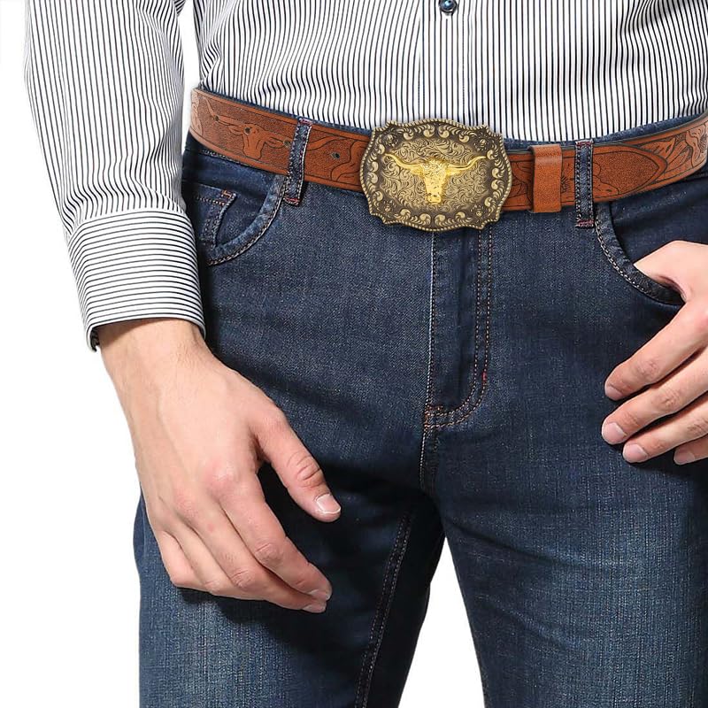 Western Pu Leather Belt - Mens Brown/Black Belt with Long Horn Bull Western Buckle - For Jeans4