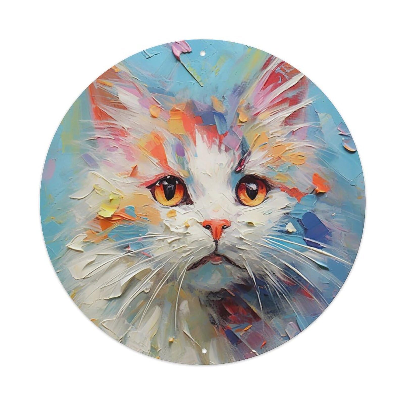 Animal Art Oil Painting Style American Shorthair Vintage Metal Tin Sign Plaque Wall Decor for Cafe, Club, Garden Round Metal Poster 8x8Inch