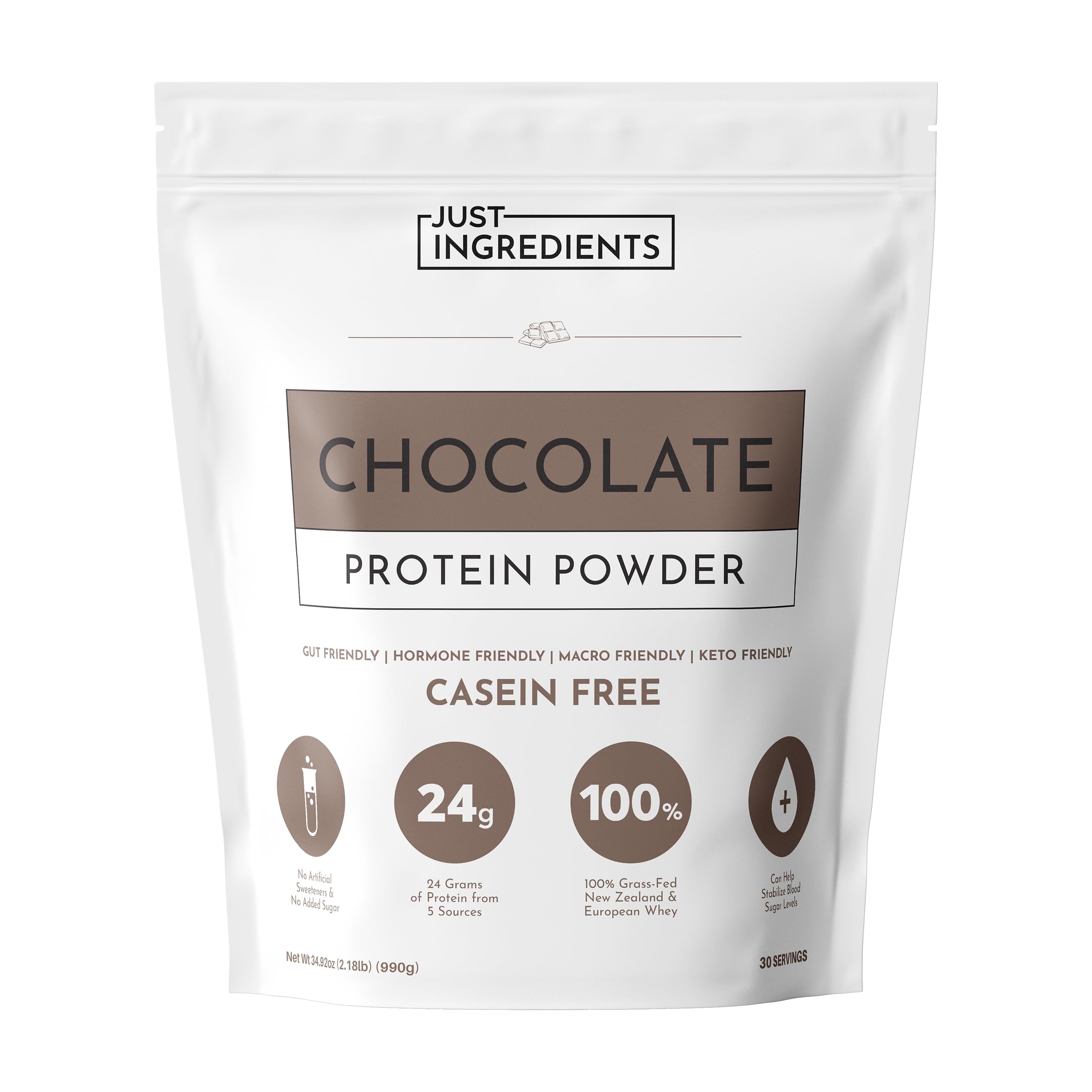 JUST INGREDIENTS CHOCOLATE PROTEIN POWDER - 30 serving blend with 100% grass-fed whey and organic plant proteins.Rich cocoa flavor.Promotes recovery m