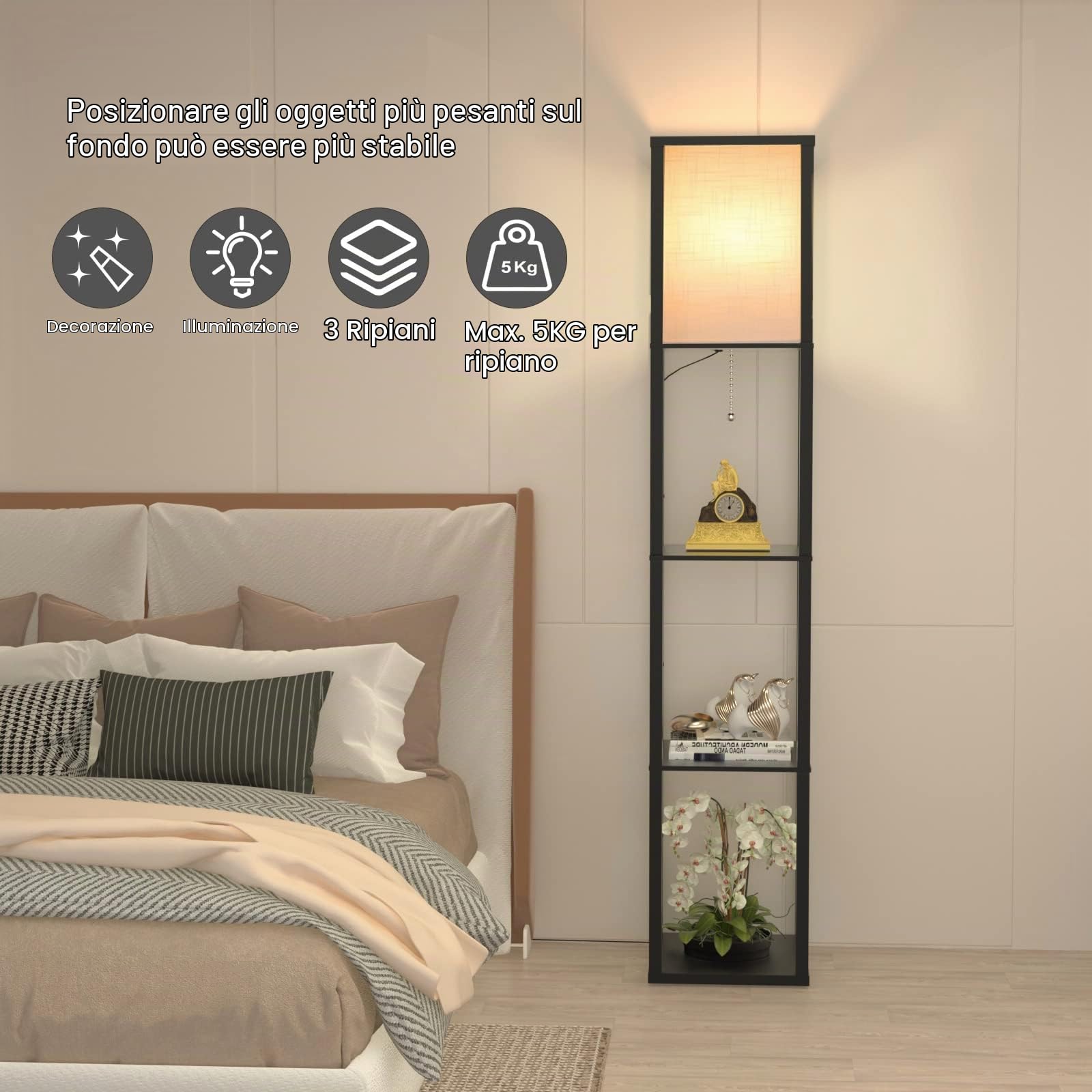 Lampada Salotto da Terra in Legno con Scaffale, Tre temperature di colore Lampada da Pavimento con 3000K-5000K E27 Lampadine, Lampada a Stelo 1.6M, Piantana da Terra per Camera Da Letto e Soggiorno