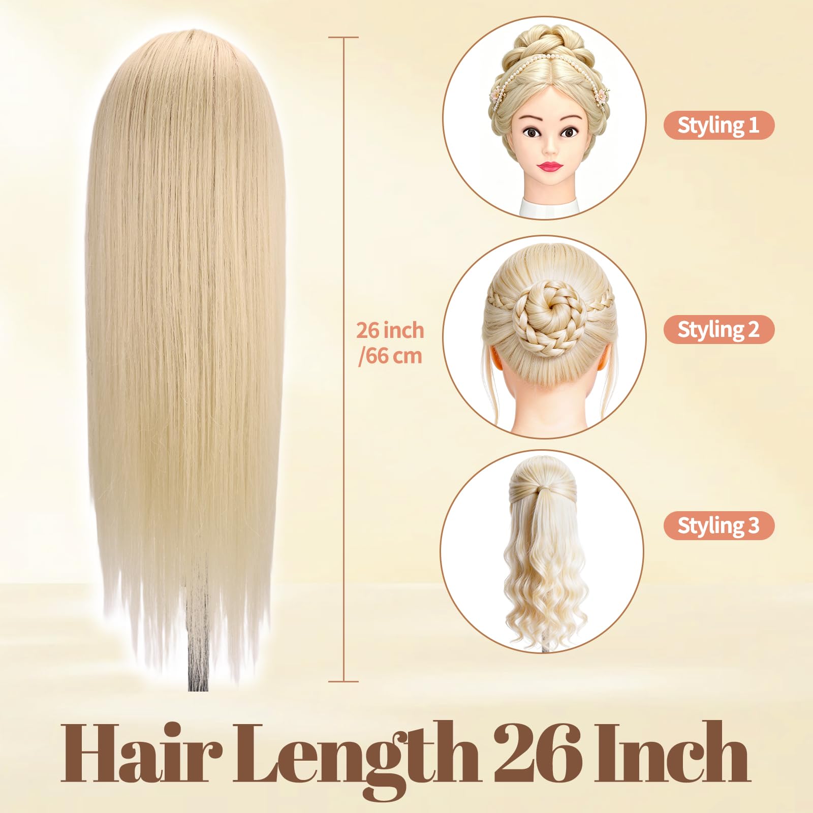 Yofuly 26 Zoll Trainingsköpfe 80% Echthaar Schaufensterpuppenkopf mit Tischklemme DIY-Haarzopf-Set weiß