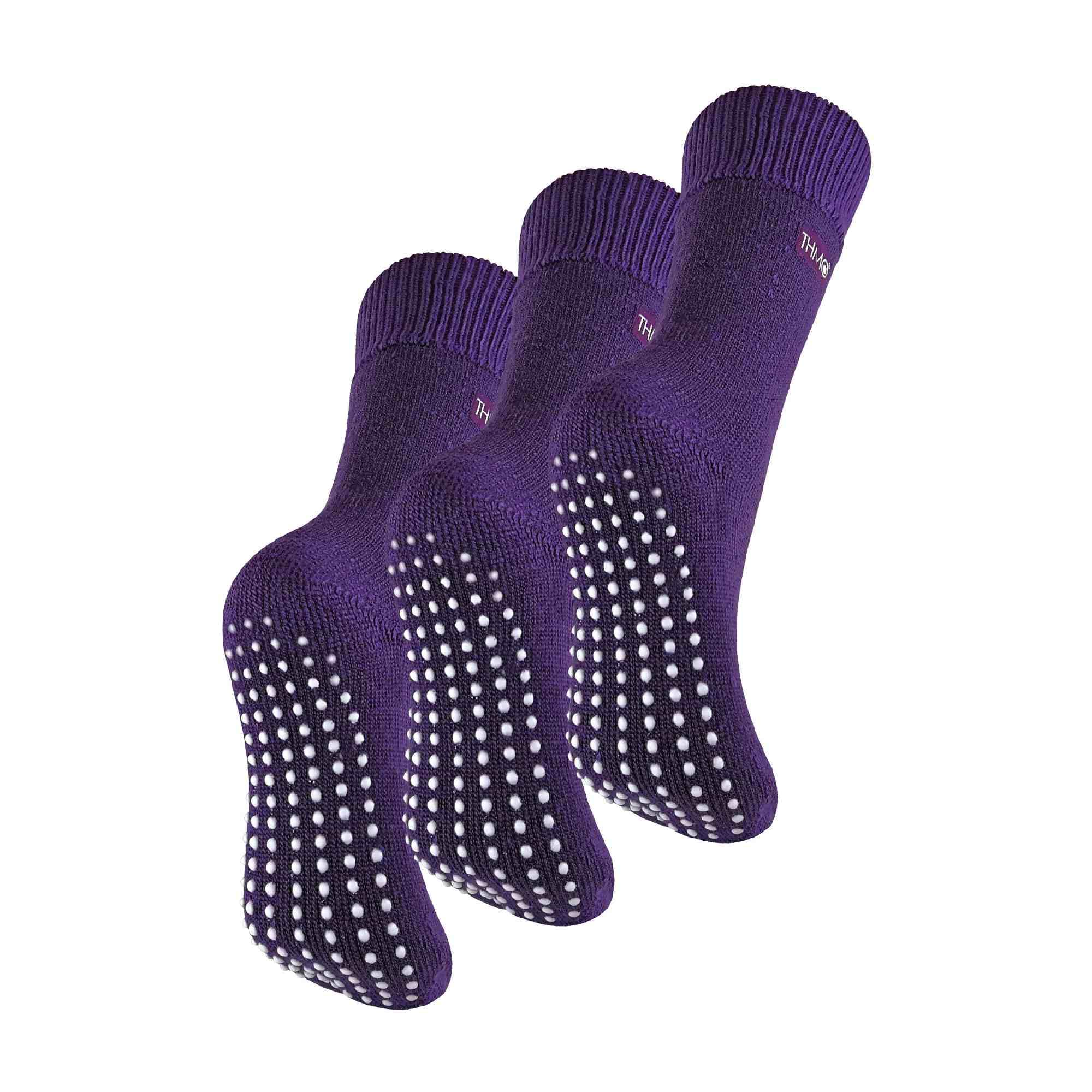 Thmo Women's Purple 3 Pair Multipack Fleece Slipper Socks Breathable Crew Indoor Thermal Socks With Grip