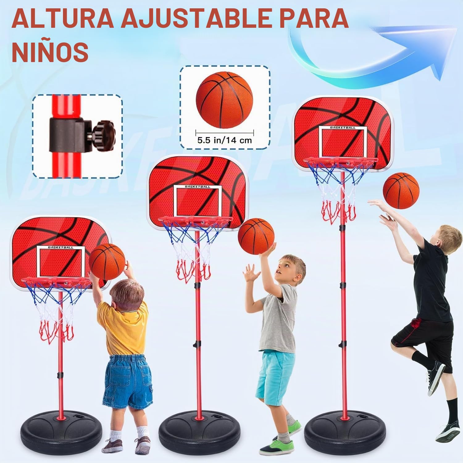 Canasta Baloncesto Infantil Regulable 50-150 cm con 3 Pelotas + Bomba - Canasta Basket Niños 3-8 Años para Exterior/Interior - Ideal Exteriores, Jardín, Interior