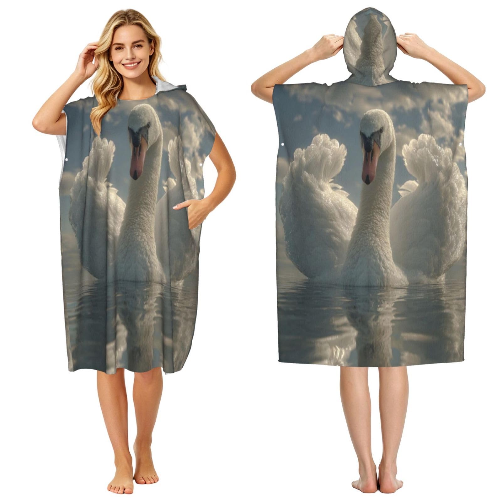 KLGRTJHK Swans In The Water Adult Hooded Beach Poncho Towel 43"X35"