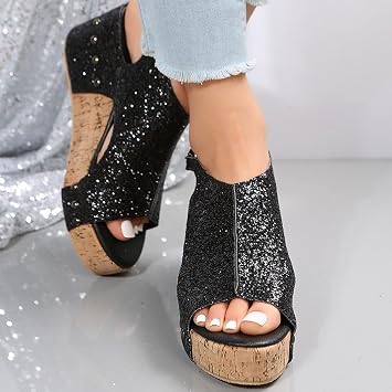 ZKXYFFS Women's Shiny Wedge Platform Sandals Ankle Strap Open Toe Espadrilles Sandals Casual Summer Classic Beach Thick Sandals for Women