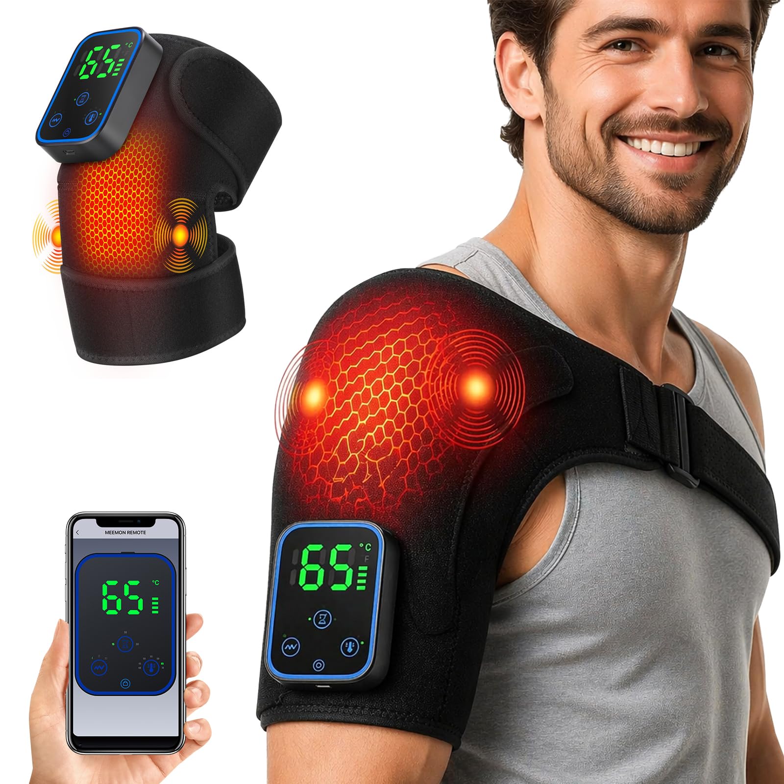 Triple méthode - Genouillère chauffante sans fil - Appareil de massage des épaules - Coussin chauffant pour genoux - Avec contrôle tactile - 5000 mAh - Minuterie à 3 niveaux