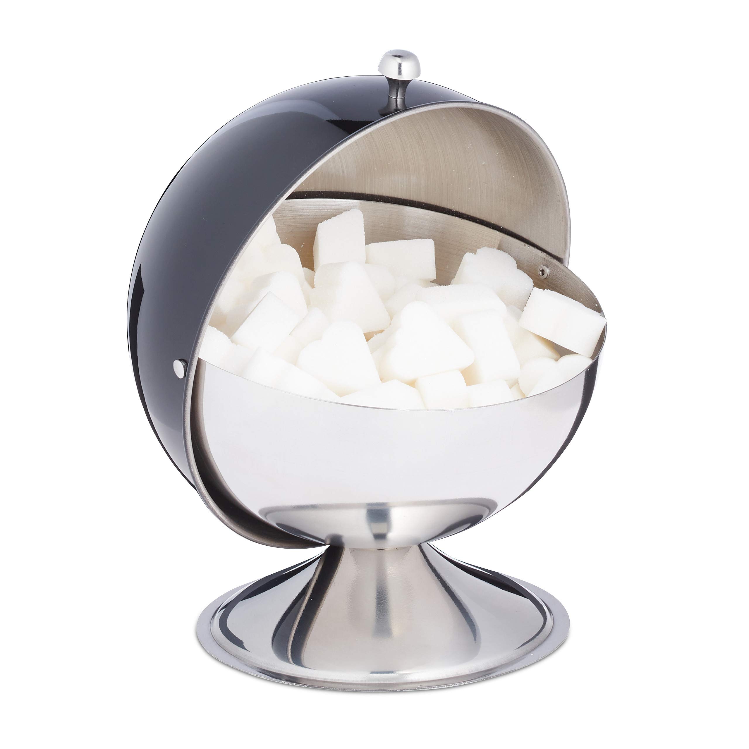 Relaxdays Zuckerdose, mit Rolldeckel, glänzender Edelstahl, für Zucker & Süßigkeiten, Bonbondose, Zuckerkugel, schwarz, 1 Stück