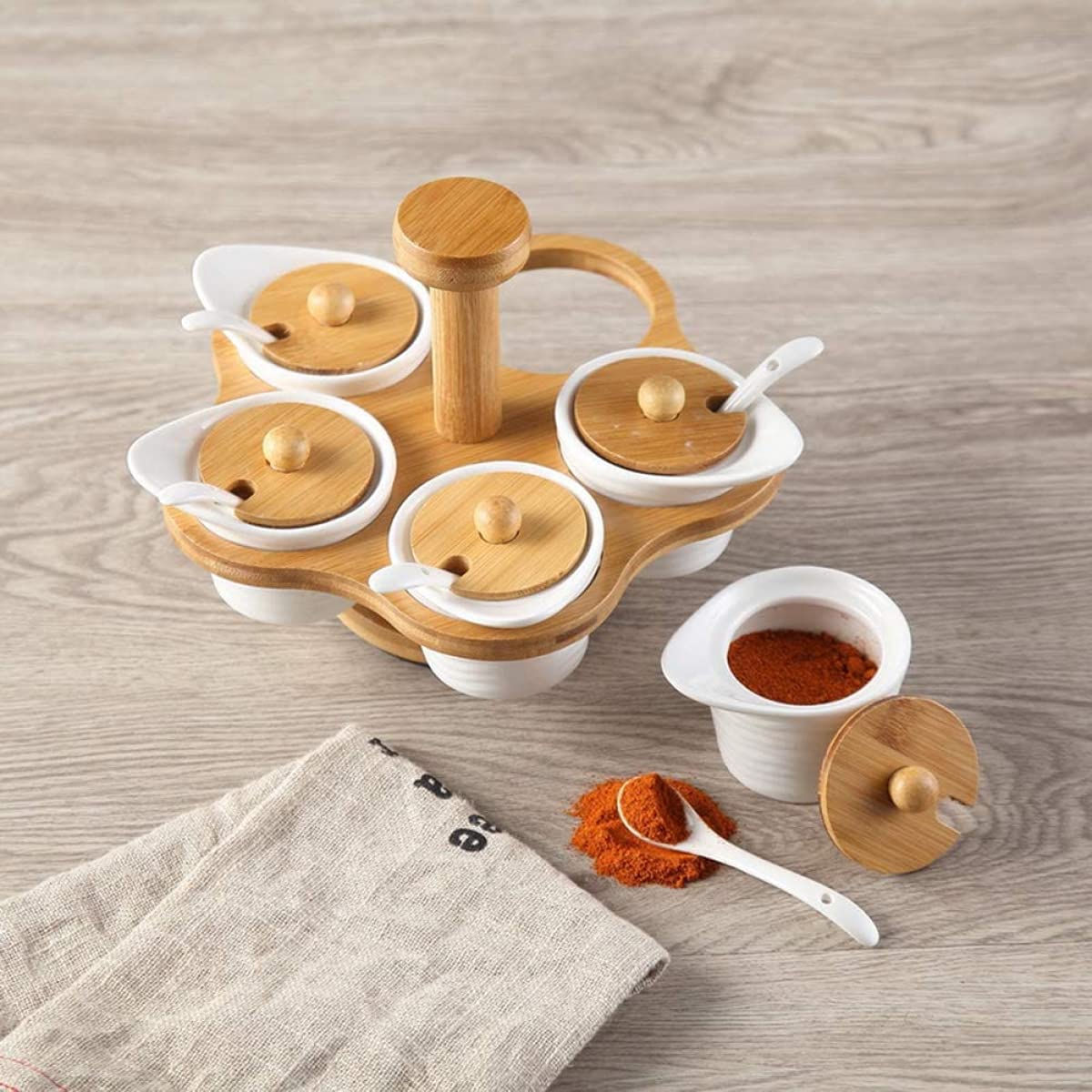 Juego de tarros de especias de cerámica, giratorios, porcelana, tarro de especias, tarro de especias con tapa de madera, cuchara