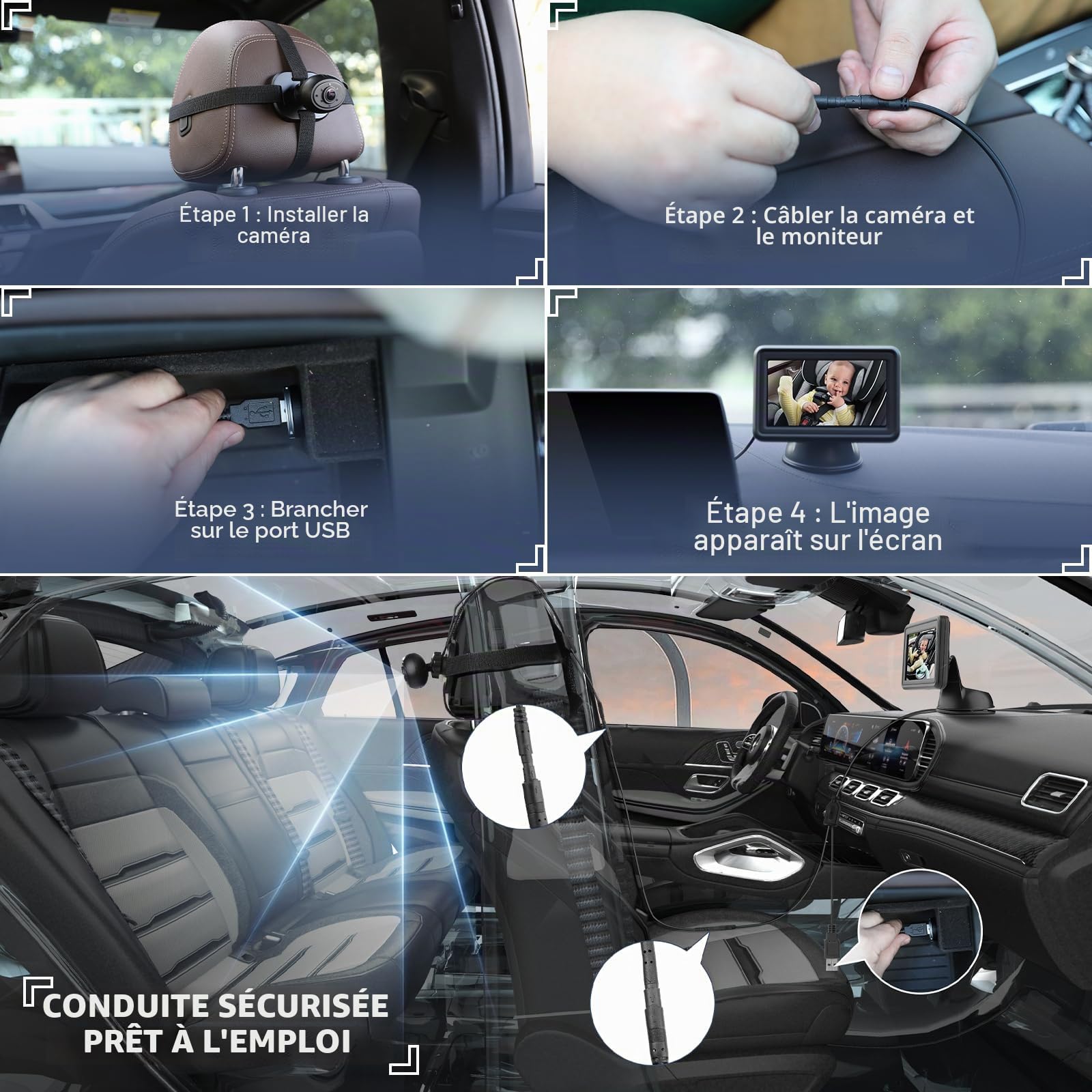 Caméra de Voiture pour Bébé HD 1080P avec Écran de 10,9 cm - Miroir pour Siège Arrière, Moniteurs de Siège Arrière avec Fonction de Vision Nocturne, Angle de Vue Large, Kit de Sécurité pour