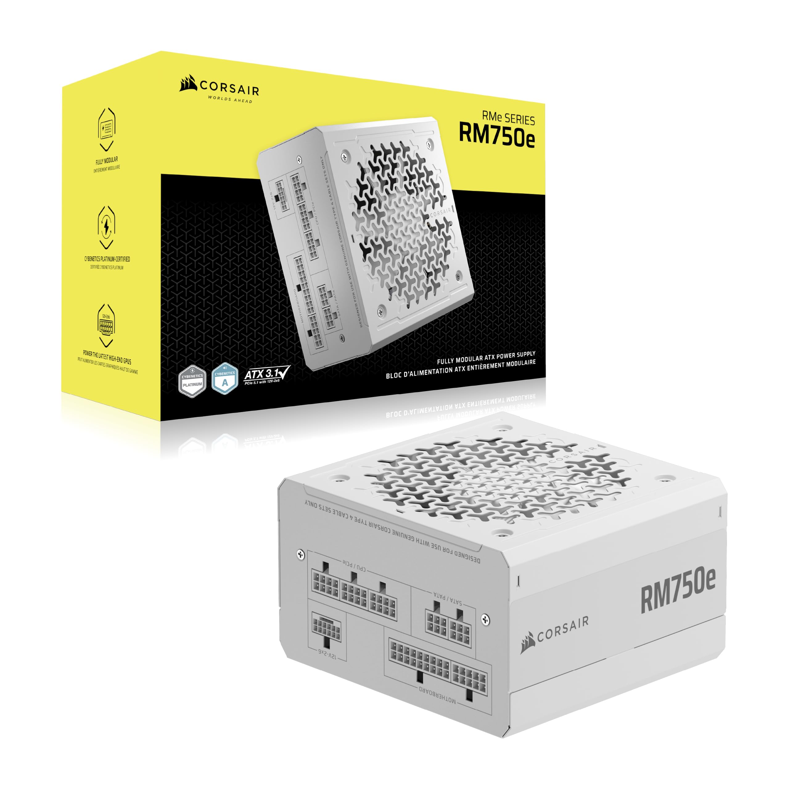 CORSAIR RM750e (2025) Alimentatore ATX Completamente Modulare a Basso Rumore con Cavo 12V-2x6 – Compatibile con ATX 3.1 e PCIe 5.1, Efficienza Cybenetics Gold, Condensatori a 105°C – Bianco