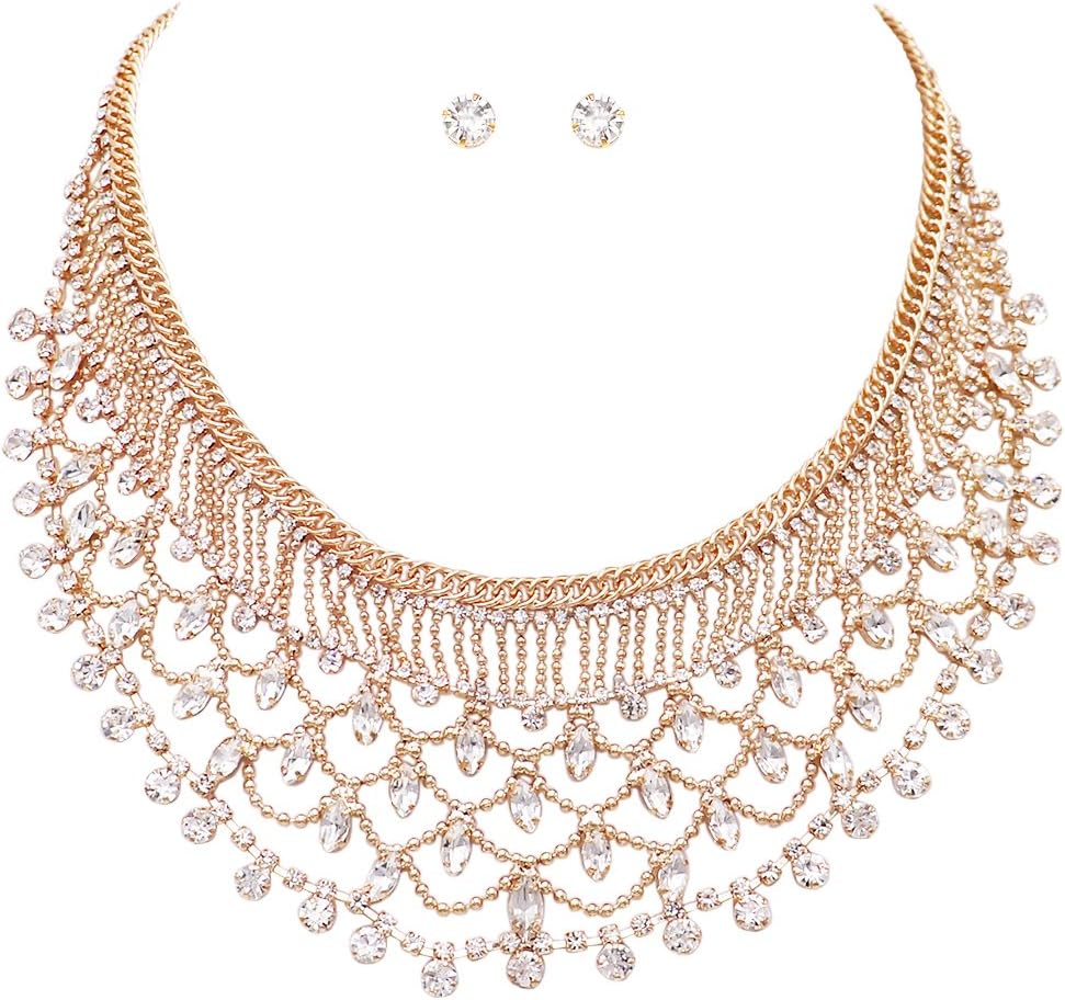 Rosemarie Collections Women's Stunning Vintage Design Crystal Rhinestone And Beaded Collar Necklace Earrings Bridal Set, 15"+3" Extender